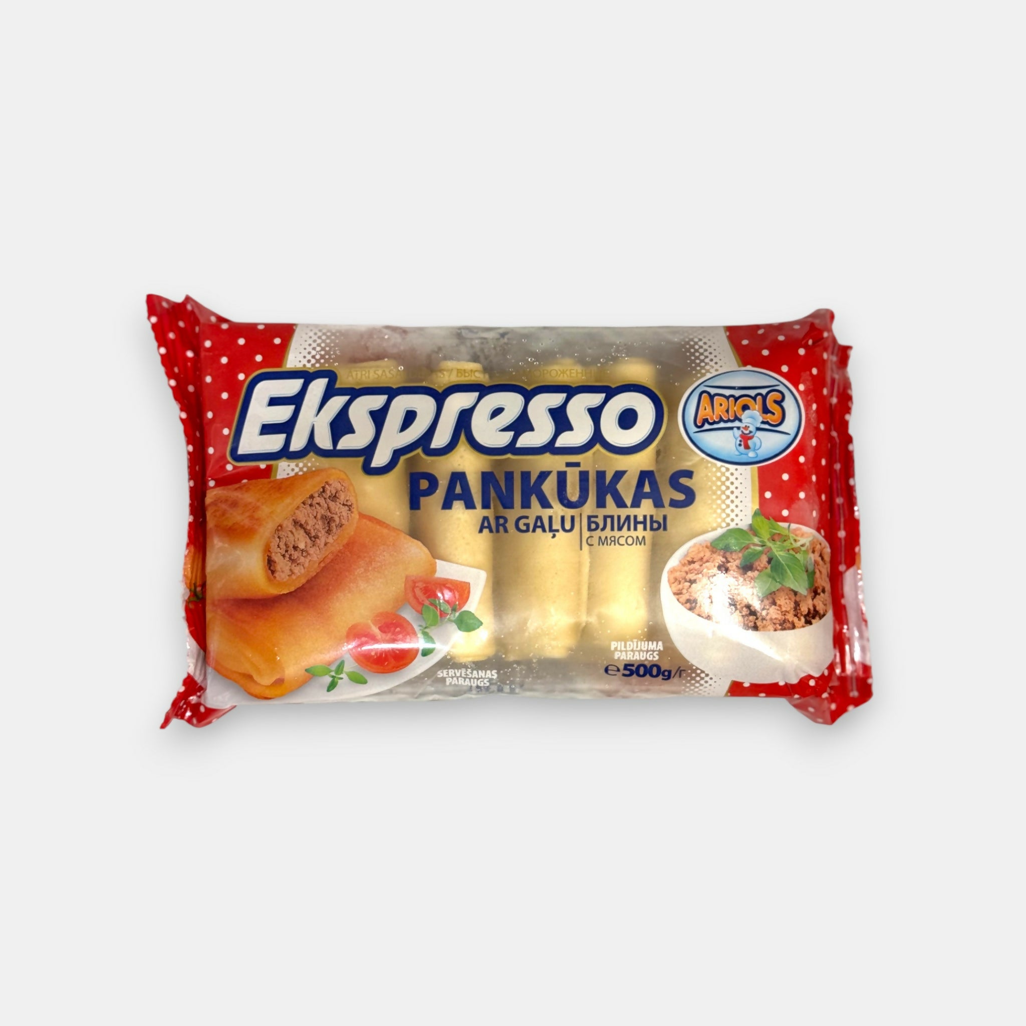 Crêpes surgelées Ekspresso 500 g, fines crêpes fourrées à la viande – plat préparé d’Europe de l’Est, épicerie russe à Paris Pomo.bio, livraison rapide