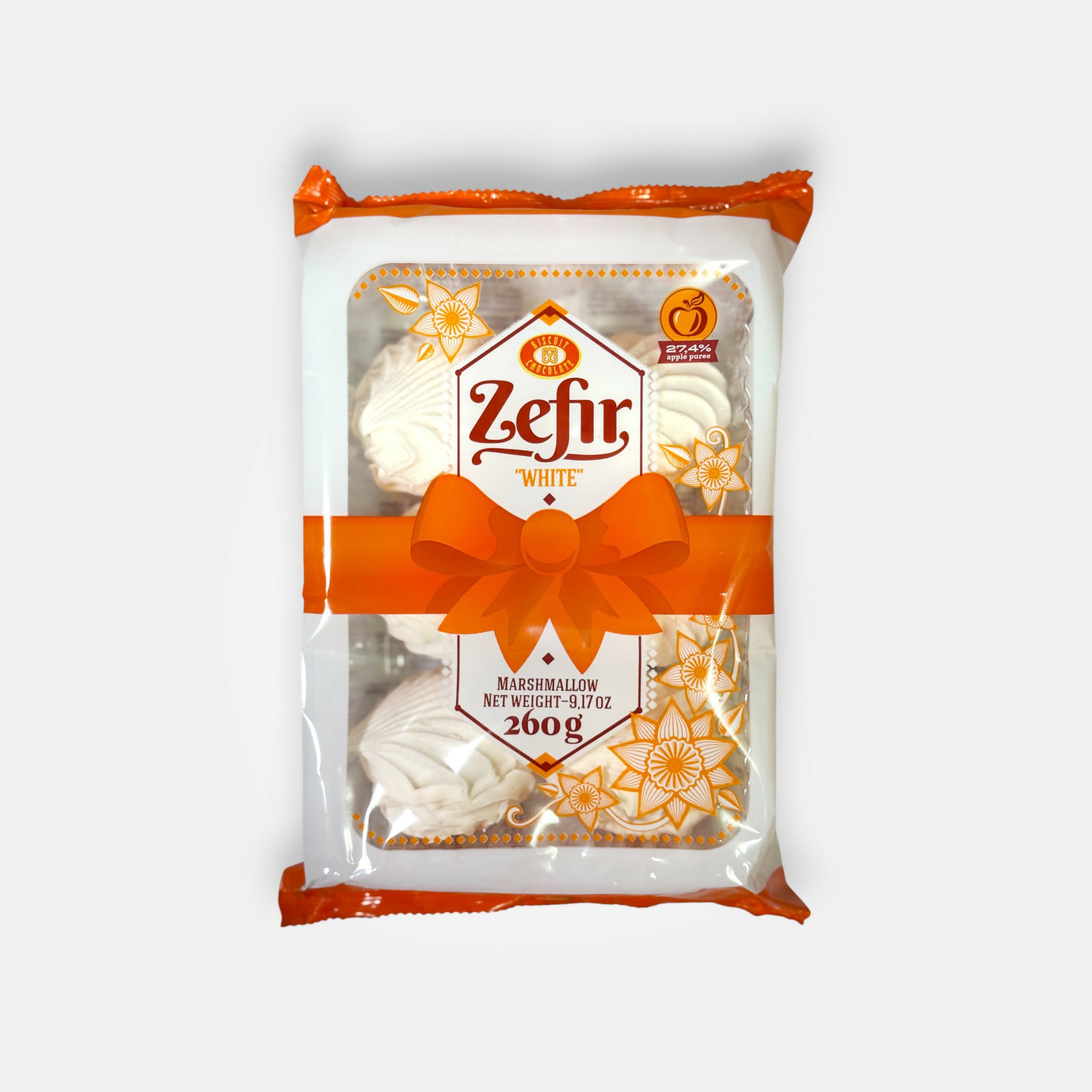 Paquet de zéfir à la vanille «Biscuit Chocolate», 260 g — guimauves moelleuses au goût délicat de vanille, douces et fondantes. Disponible sur Pomo.bio.