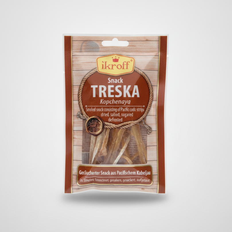 Snack de cabillaud fumé séché Treska Kopchenaya Ikroff 36 g, épicerie slave en ligne
