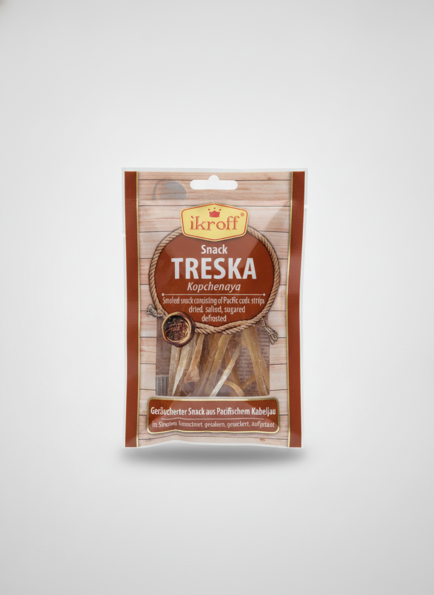 Snack de cabillaud fumé séché Treska Kopchenaya Ikroff 36 g, épicerie slave en ligne