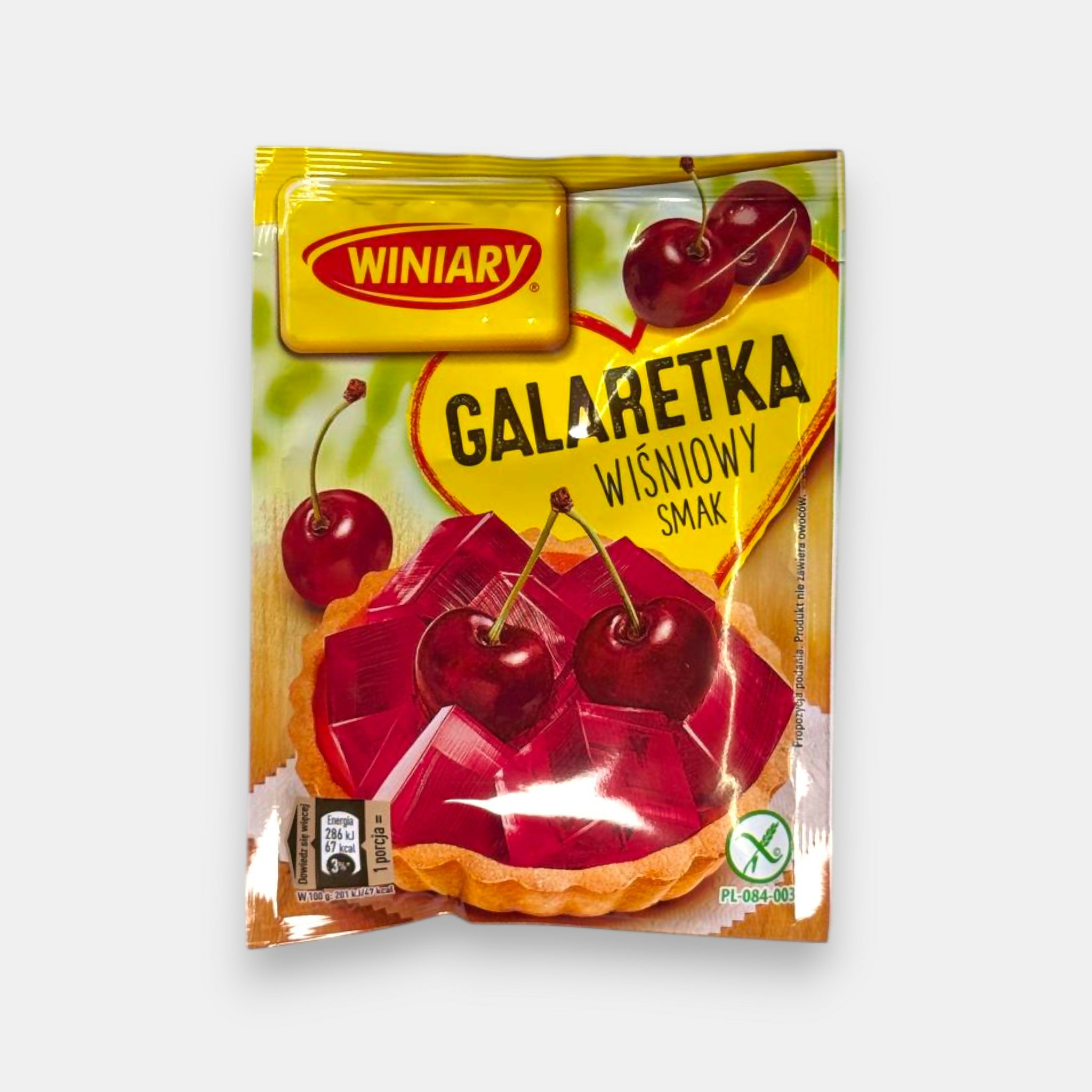 Préparation pour gelée goût cerise Winiary Galertka en sachet, emballage vu de face, dessert facile à préparer pour gâteaux, épicerie slave Pomo.bio à Paris, livraison rapide à Paris