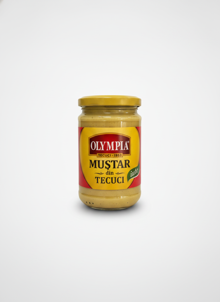 Pot de moutarde forte Olympia de Tecuci 314 g, Roumanie, épicerie slave