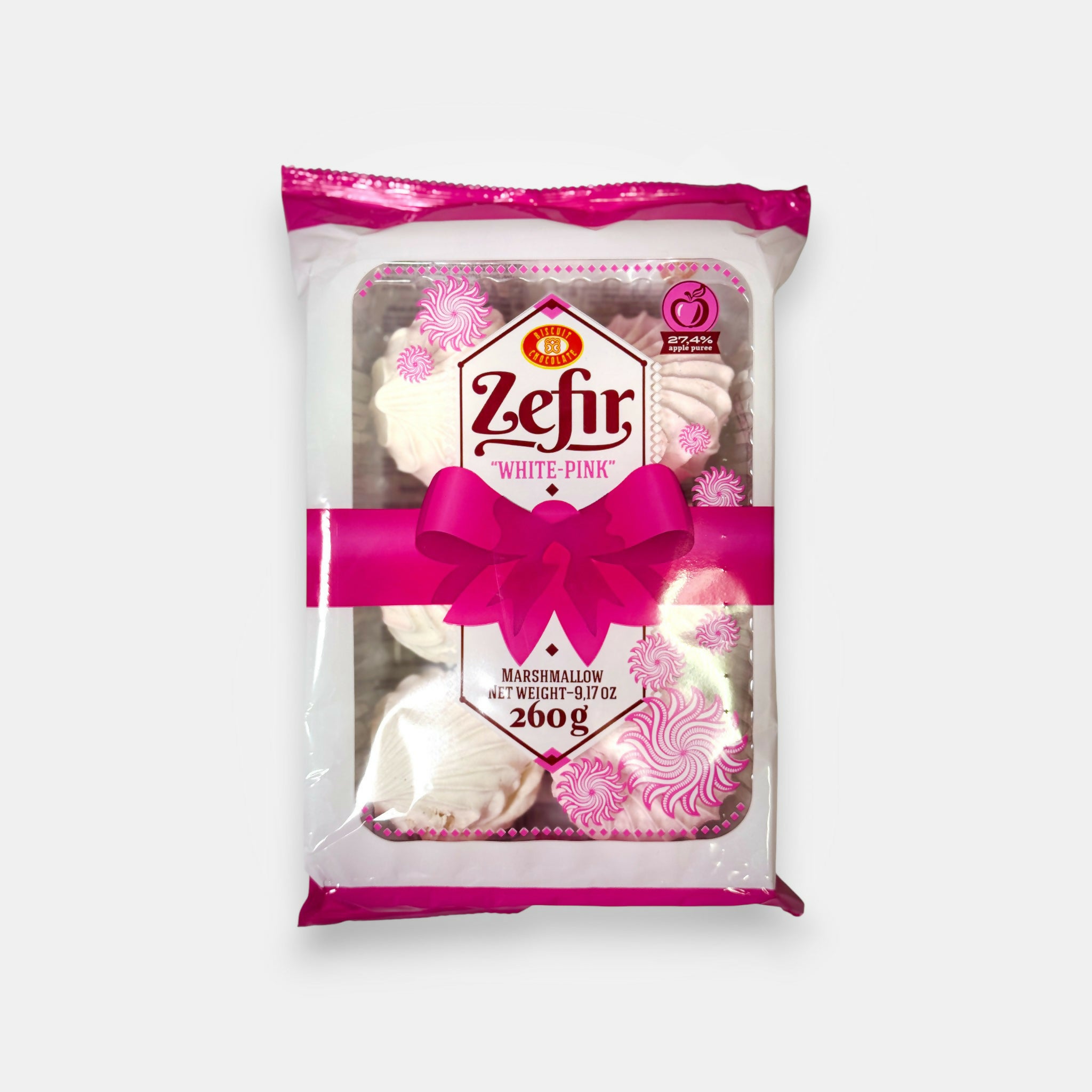 Paquet de zéfir rose et blanc «Biscuit Chocolate», 260 g — douceurs moelleuses bicolores au goût sucré et à la texture aérienne. Disponible sur Pomo.bio.