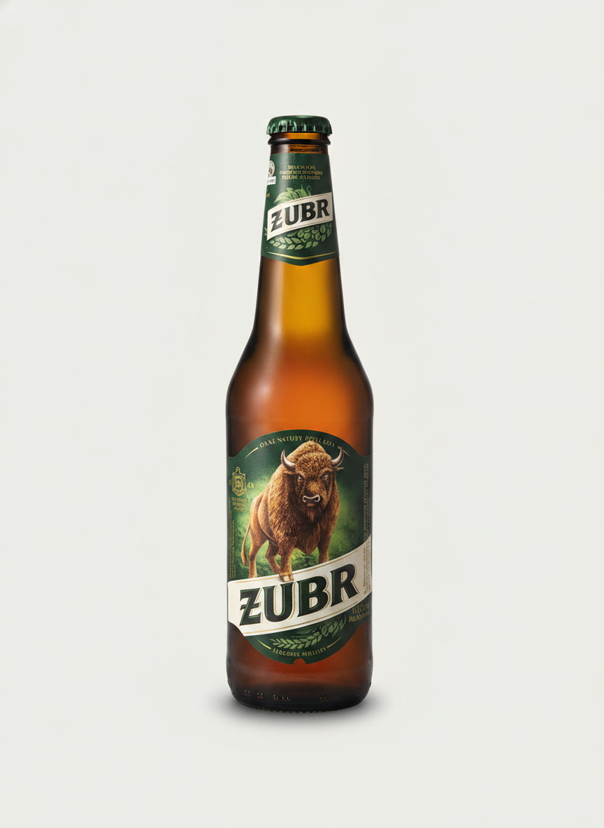 Bouteille de bière blonde polonaise Zubr 500 ml avec étiquette verte au bison, épicerie slave