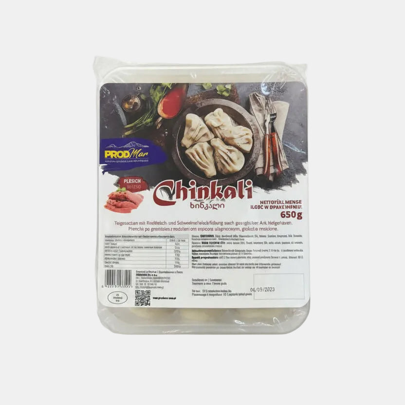 Khinkali géorgiens surgelés 650 g – raviolis à la viande et aux épices, vue de face de l'emballage
