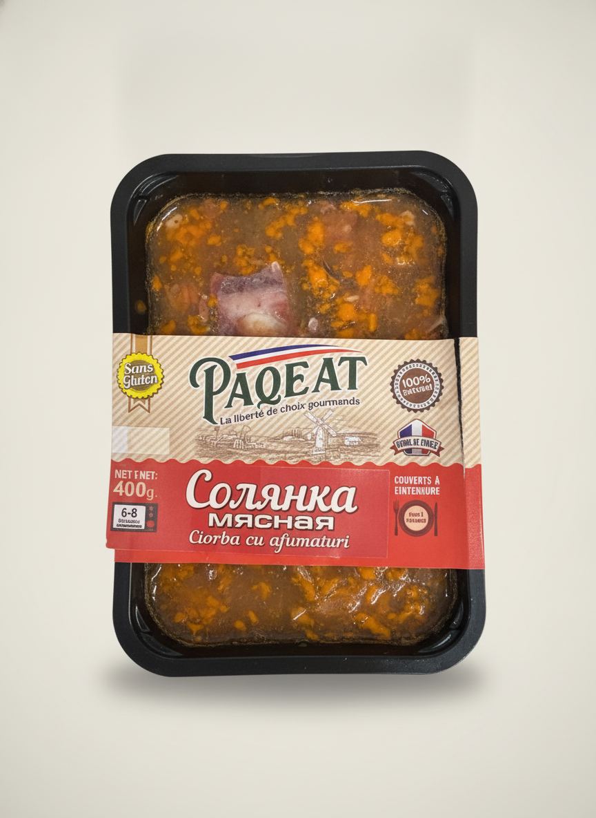 Barquette de solyanka à la viande surgelée Paqeat 400 g, plat cuisiné slave, fabriqué en France