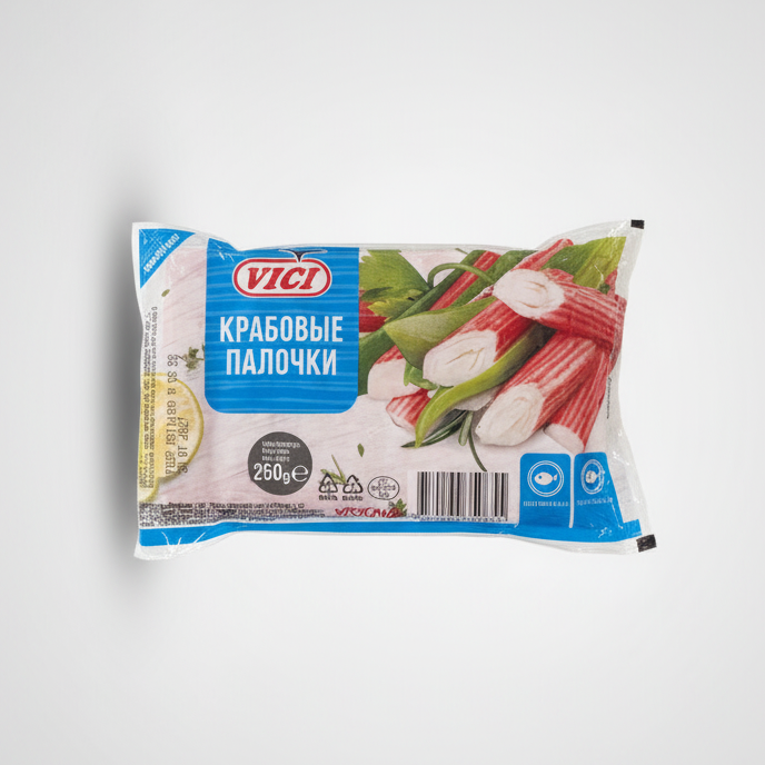Bâtonnets de crabe Vici 250 g en emballage, épicerie slave Pomo.bio