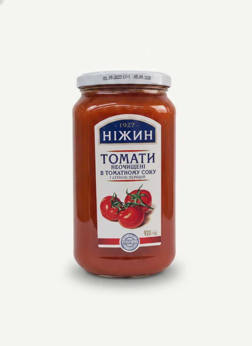 Bocal de tomates entières non pelées dans leur jus Nezhin 920 g, épicerie slave