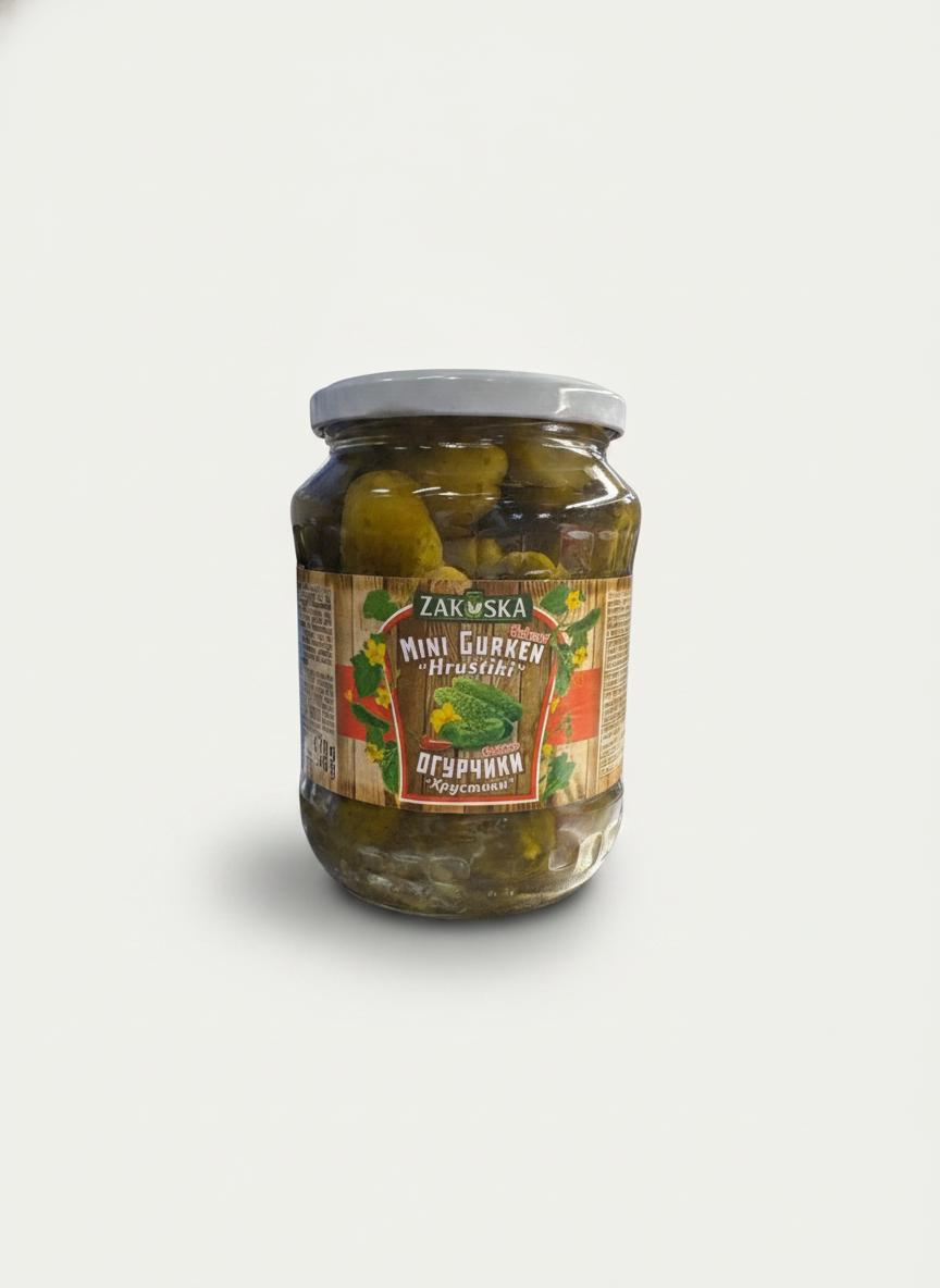 Bocal de cornichons marinés piquants Hrustiki Zakuska 670 g, épicerie slave