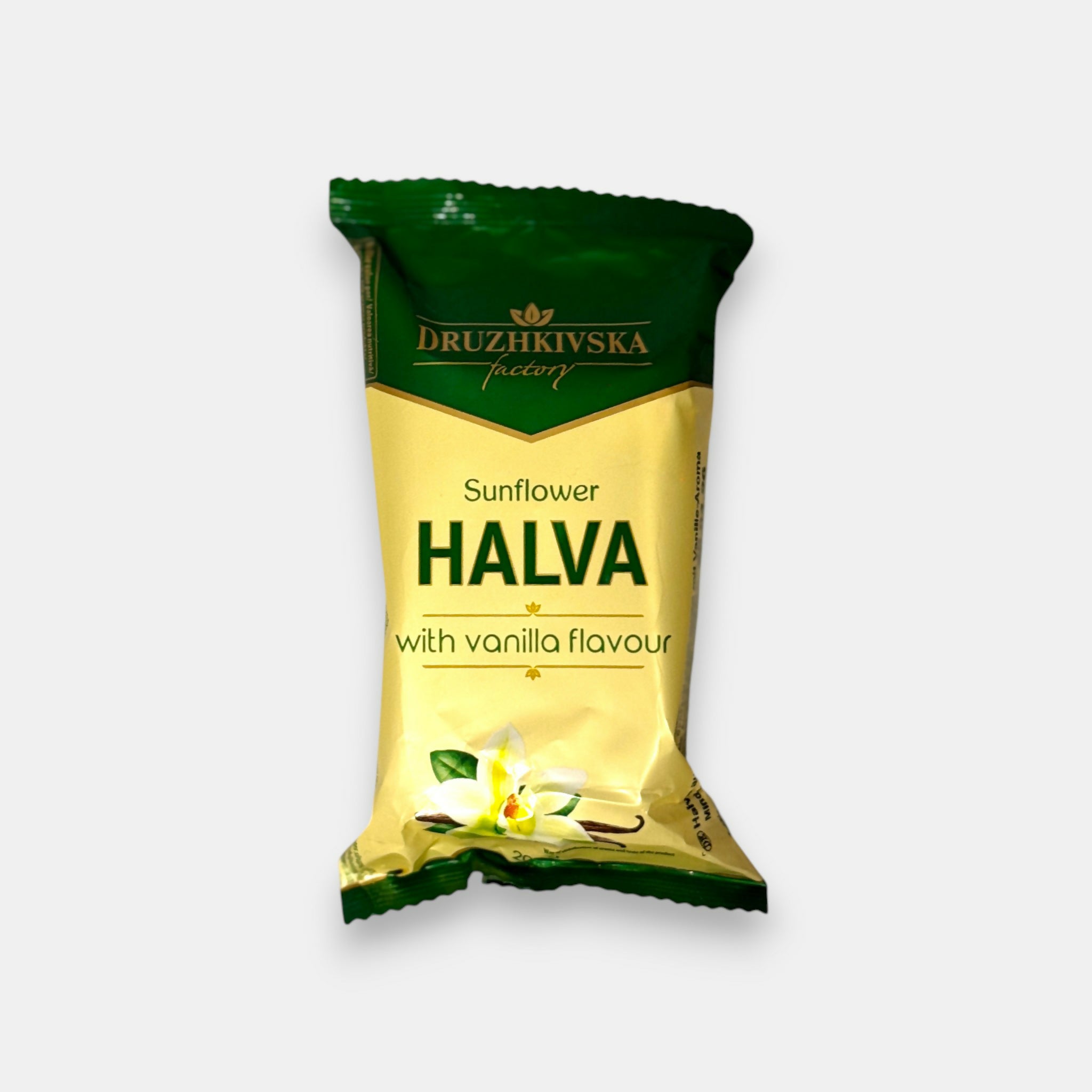 Vue de face d’un sachet de halva à la vanille, 200 g, friandise traditionnelle à base de tournesol, épicerie slave Pomo.bio avec livraison rapide à Paris.