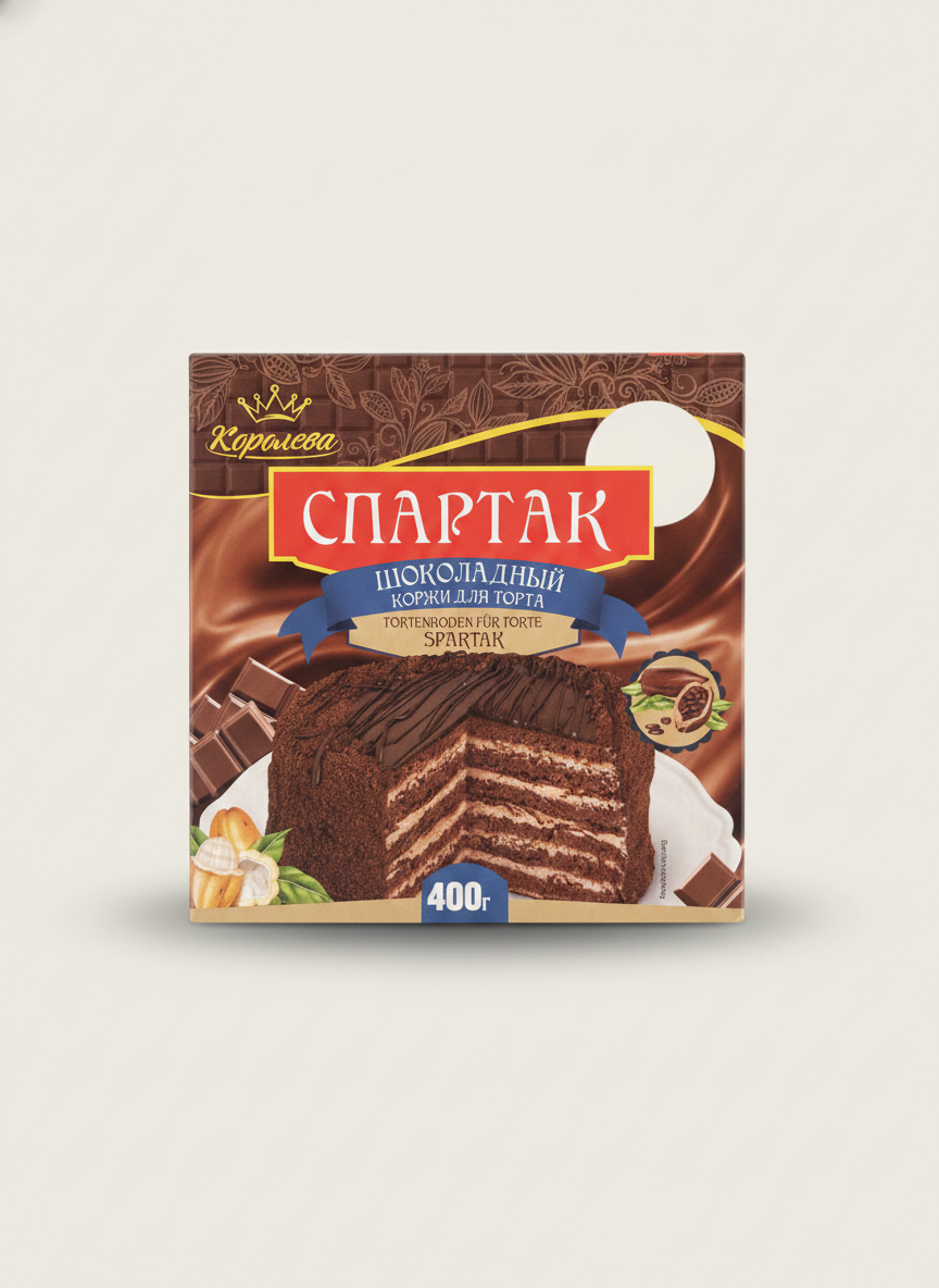 Boîte de fonds de gâteau chocolat Spartak Koroleva 400 g, épicerie slave