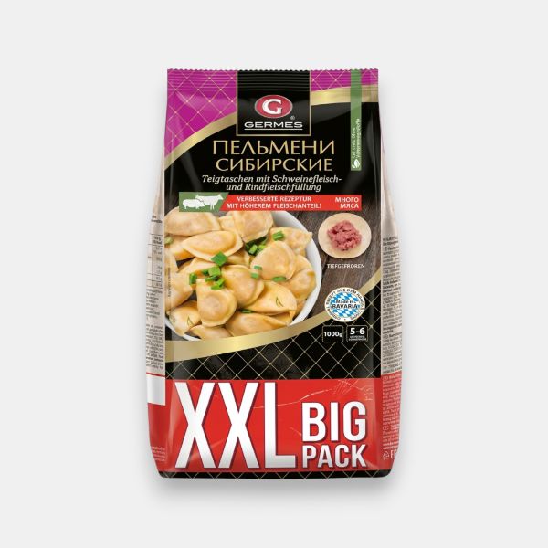 Sachet de pelmeni Sibériens XXL Germes 1000 g surgelés, farce porc et bœuf, épicerie slave Paris