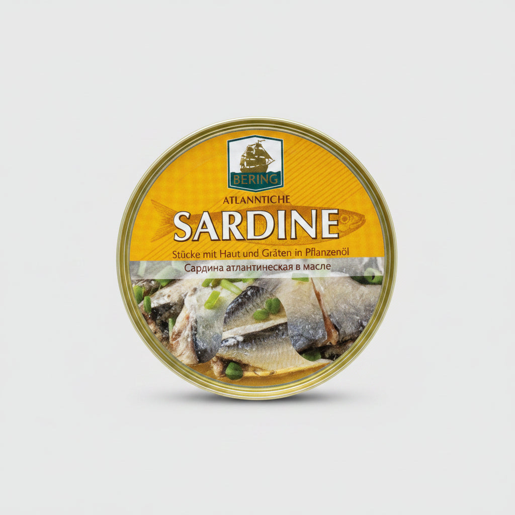 Boîte de sardines de l'Atlantique à l'huile Bering 240 g, conserves de poisson, épicerie slave à Nice