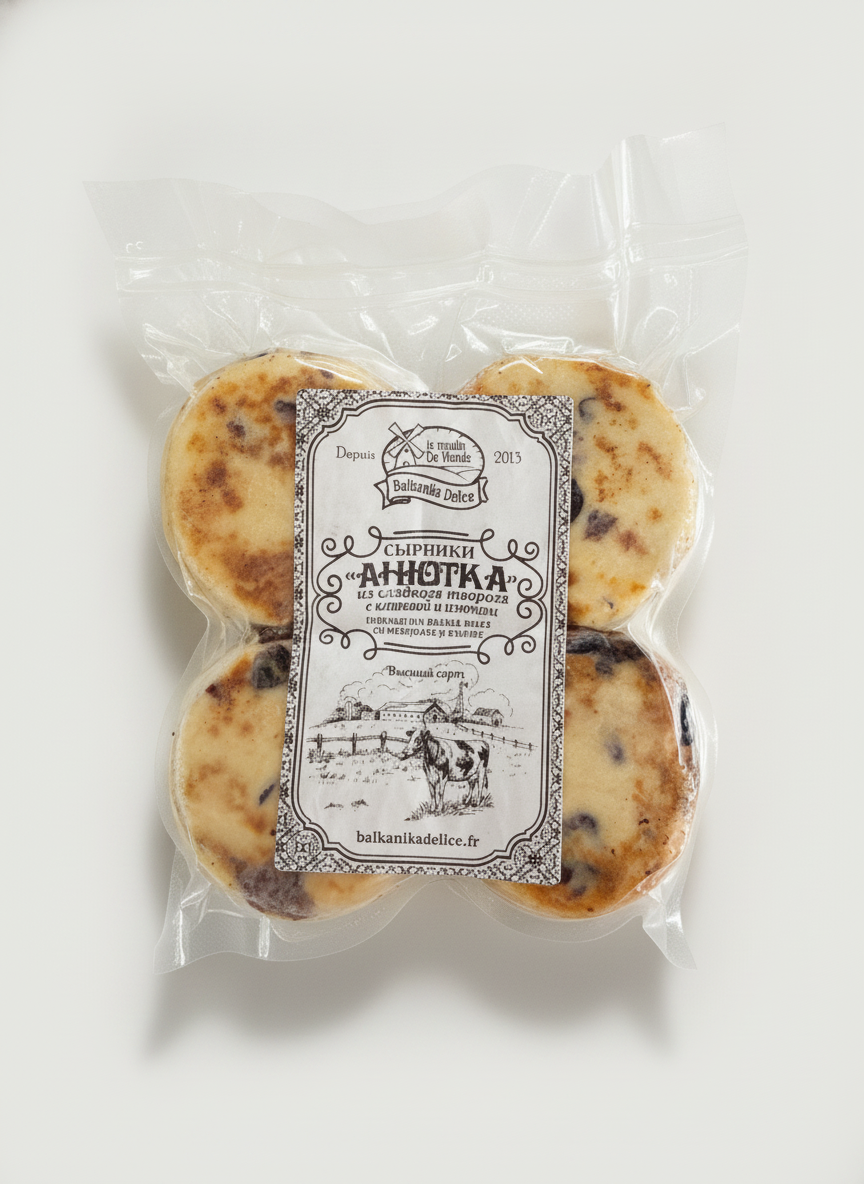Paquet de syrniki Anyutka au fromage blanc, airelles et raisins secs 400 g, Balkanika Delice, épicerie slave