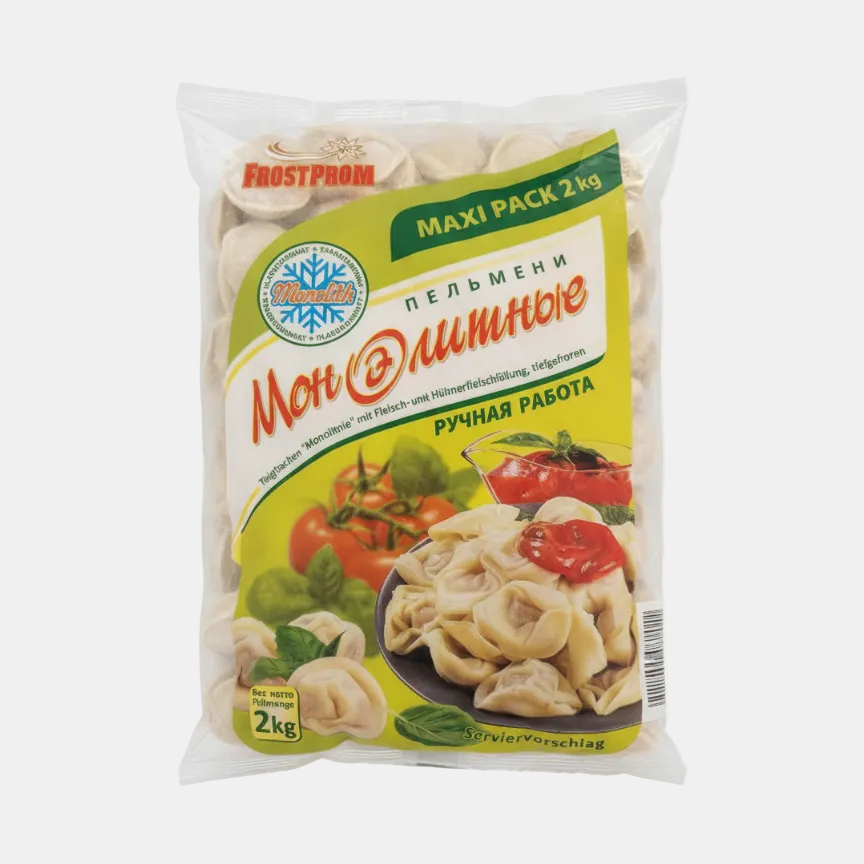 Paquet de pelmeni surgelés Monolitnie FrostProm 2 kg, farce viande et poulet, épicerie slave