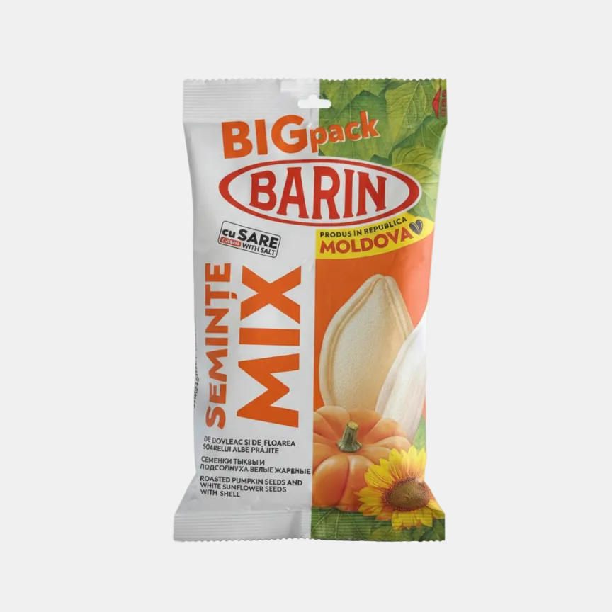 Sachet de graines de courge et tournesol blanches grillées salées Barin 150 g, épicerie slave