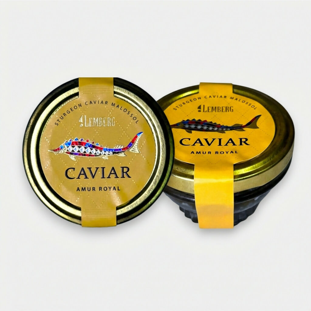 Caviar d’esturgeon noir Amur Royal Lemberg 50 g, boîtes premium avec étiquettes dorées, produit d’exception d’épicerie slave sur Pomo.bio, livraison rapide à Paris