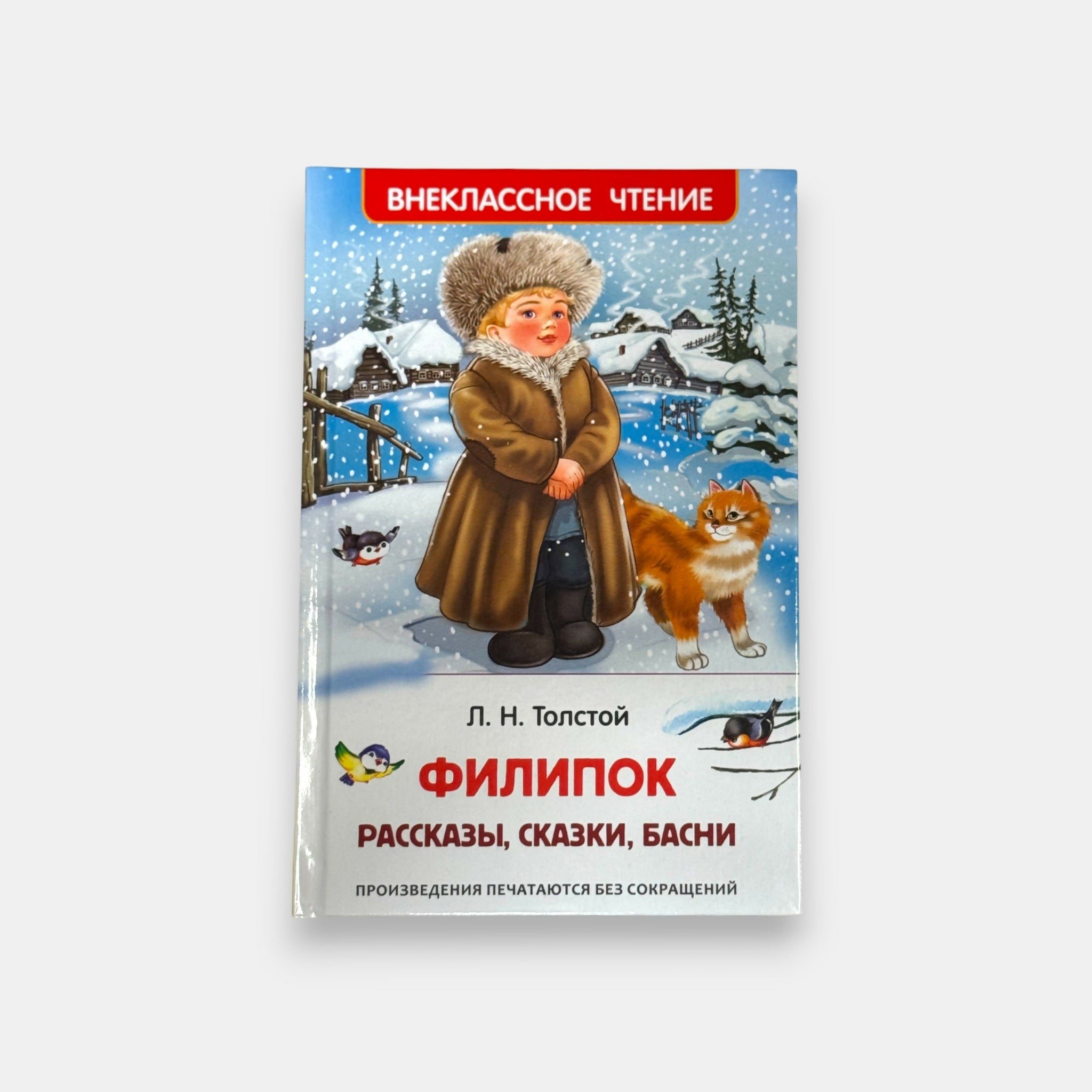 Couverture illustrée du livre “Filipok” de Léon Tolstoï, scène hivernale avec un enfant en manteau et un chien, ouvrage jeunesse proposé par Pomo.bio, épicerie slave à Paris.