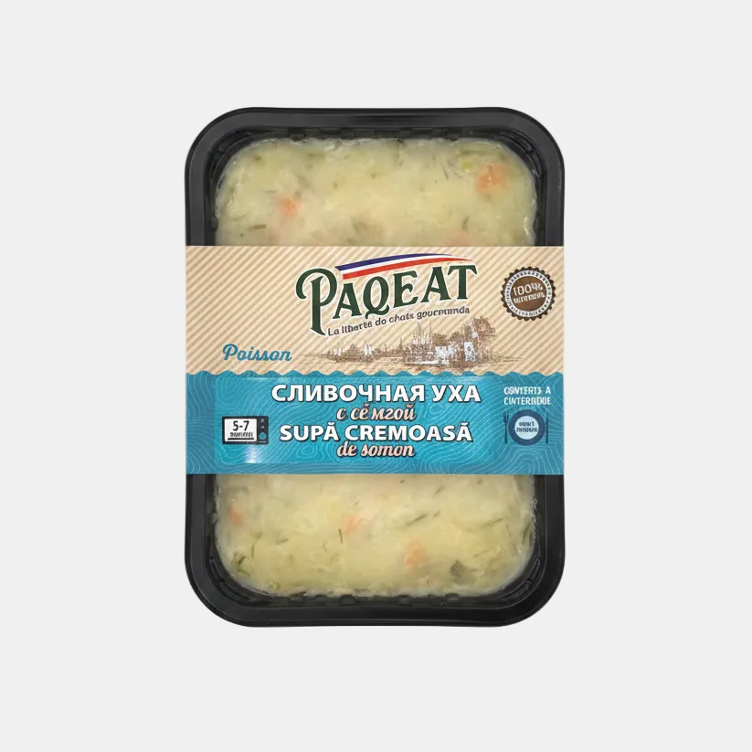 Barquette de soupe crémeuse au saumon surgelée Paqeat 400 g, plat cuisiné poisson