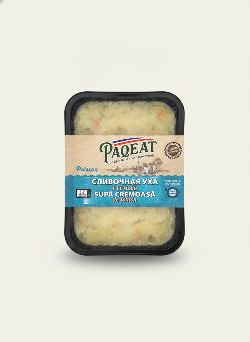 Barquette de soupe crémeuse au saumon surgelée Paqeat 400 g, plat cuisiné poisson