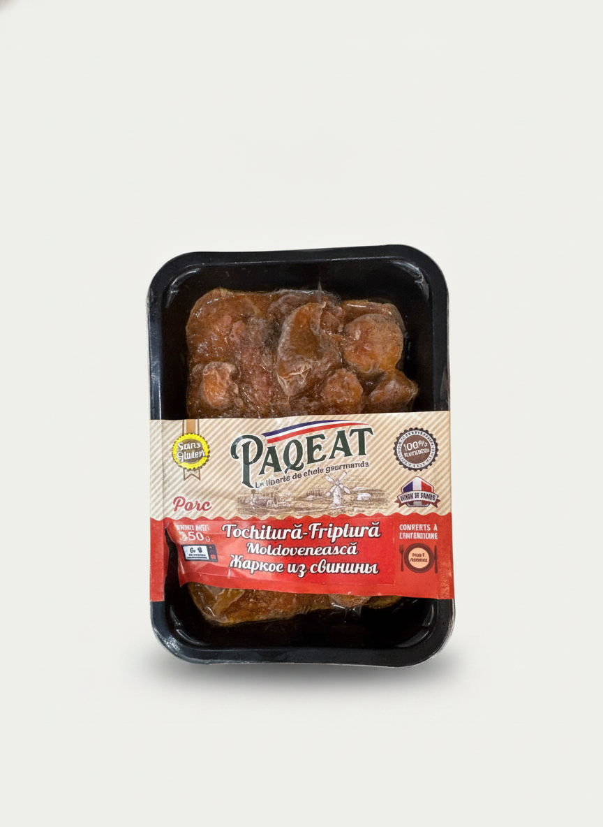 Barquette de tochitură-friptură moldave au porc Paqeat 350 g, plat cuisiné surgelé, épicerie slave