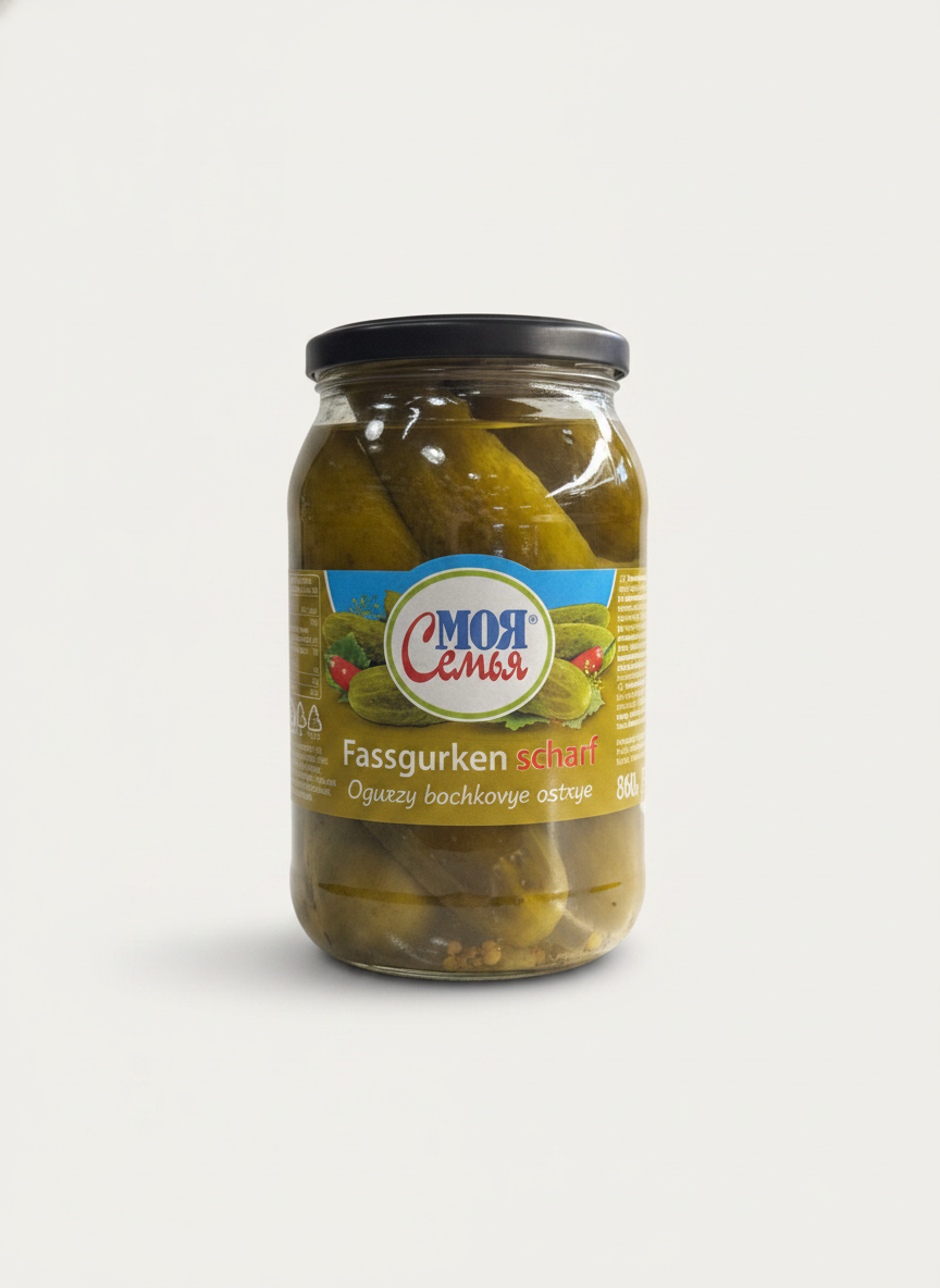 Bocal de cornichons au fût piquants Moya Semya 860 g, épicerie slave en ligne