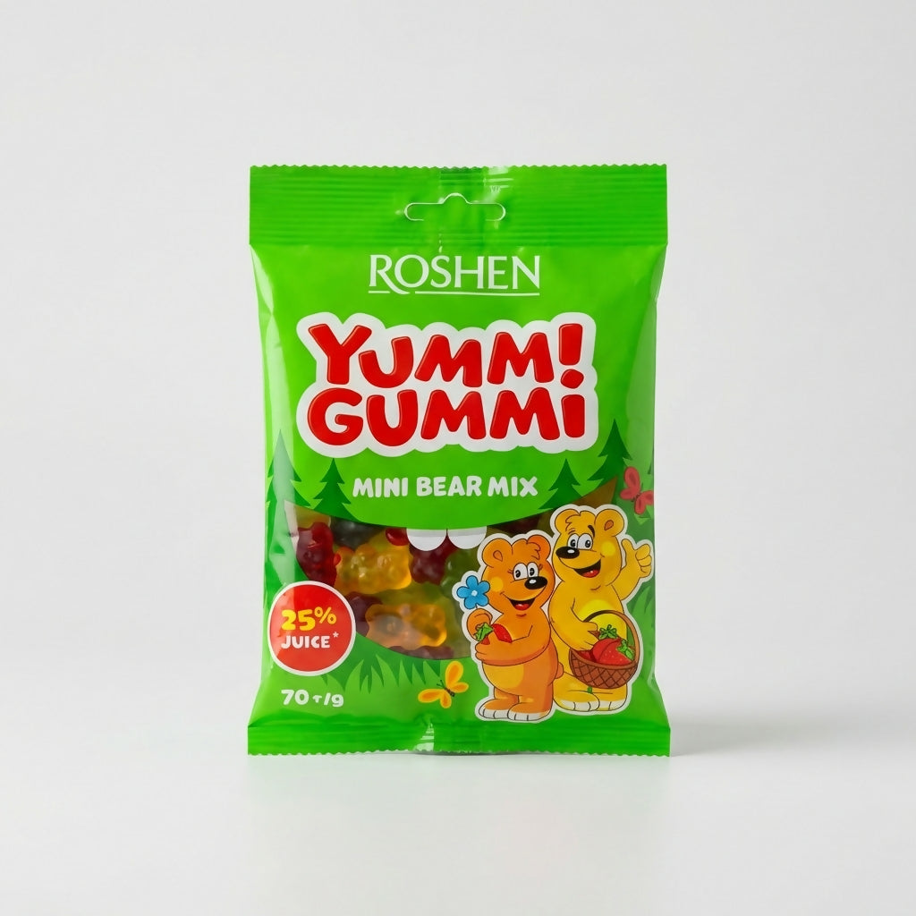 Sachet de bonbons gélifiés Yummi Gummi Roshen aux formes d’oursons et saveurs fruitées, disponible sur Pomo.bio, épicerie slave avec livraison rapide à Paris