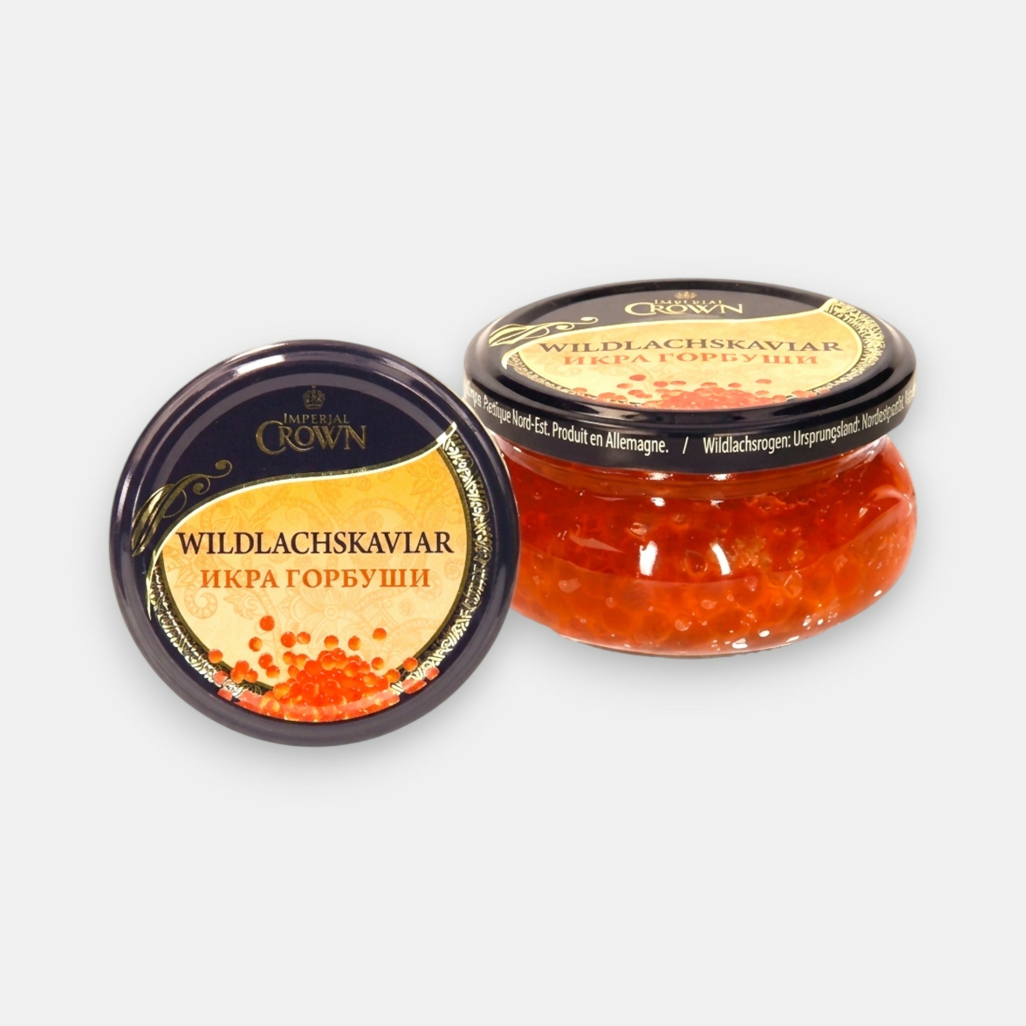 Caviar de saumon rose Imperial Crown 100 g — vue de face du pot avec couvercle doré