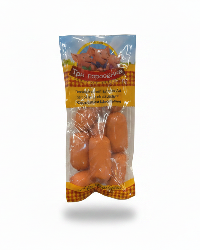 Paquet de saucisses fumées Shkolnye Tri Porosenka 400 g, épicerie slave