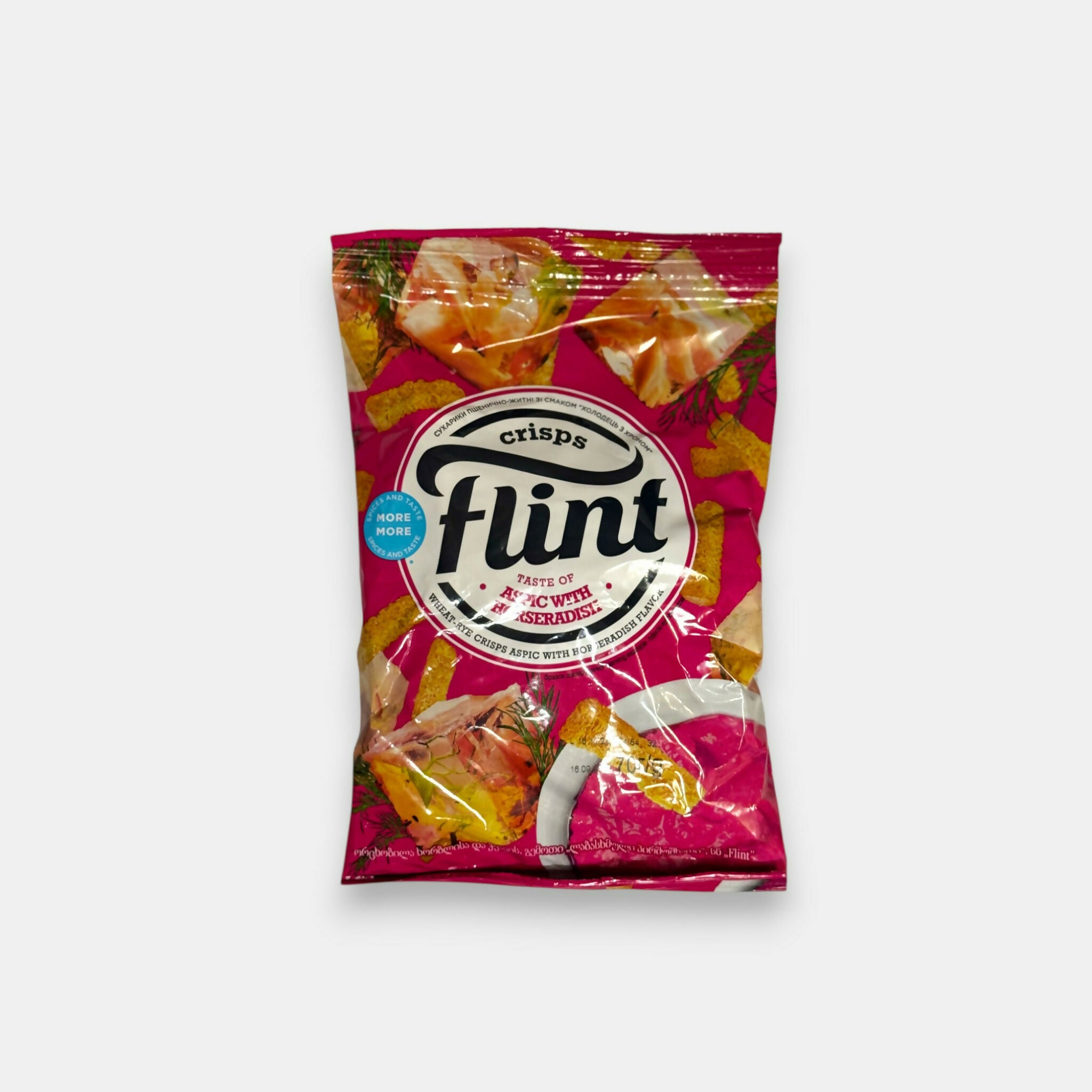 Sachet de croûtons de seigle Flint saveur aspic et raifort 70 g, snack d'Europe de l'Est