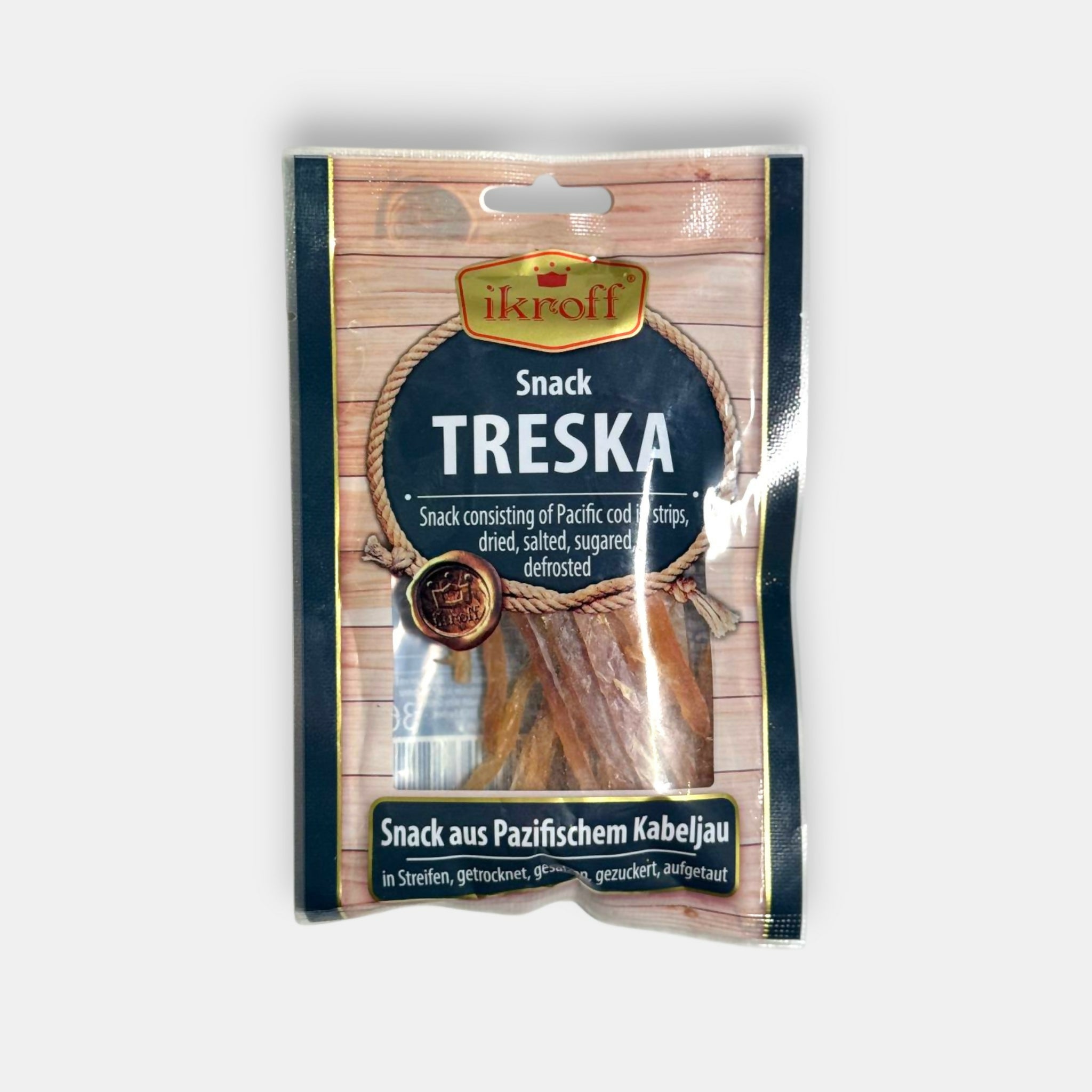 Cabillaud séché Ikroff en sachet, emballage vu de face, poisson séché au goût prononcé idéal en snack, spécialité d’Europe de l’Est, Pomo.bio à Paris, livraison rapide à Paris