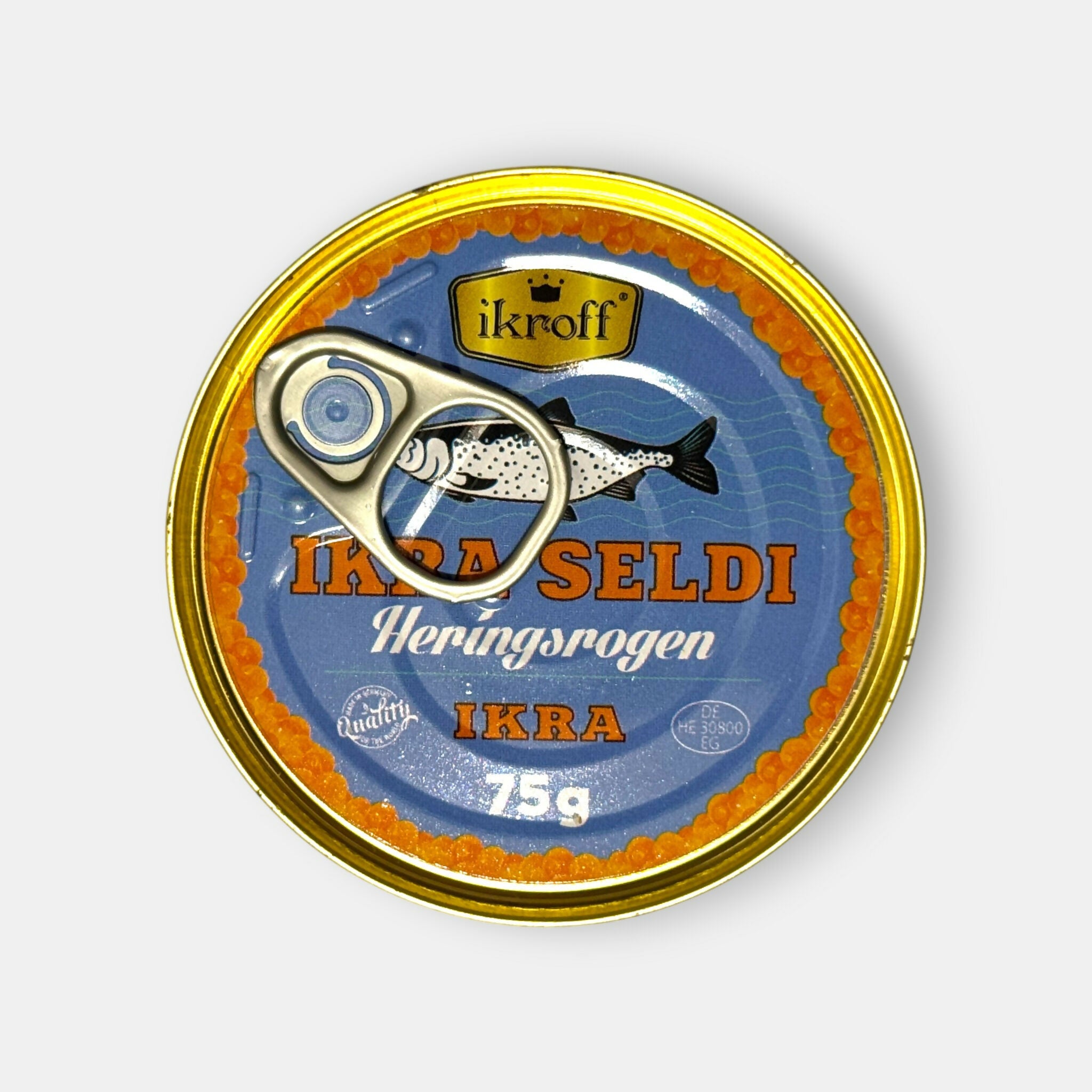 Boîte de caviar de hareng « Ikroff » 75 g, vue de dessus, conserve de produits de la mer — Pomo.bio.