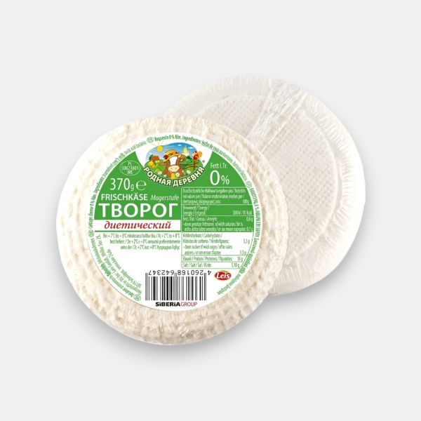 Fromage blanc diététique 0% Rodnaya Derevnya 370 g en forme ronde, épicerie slave à Paris