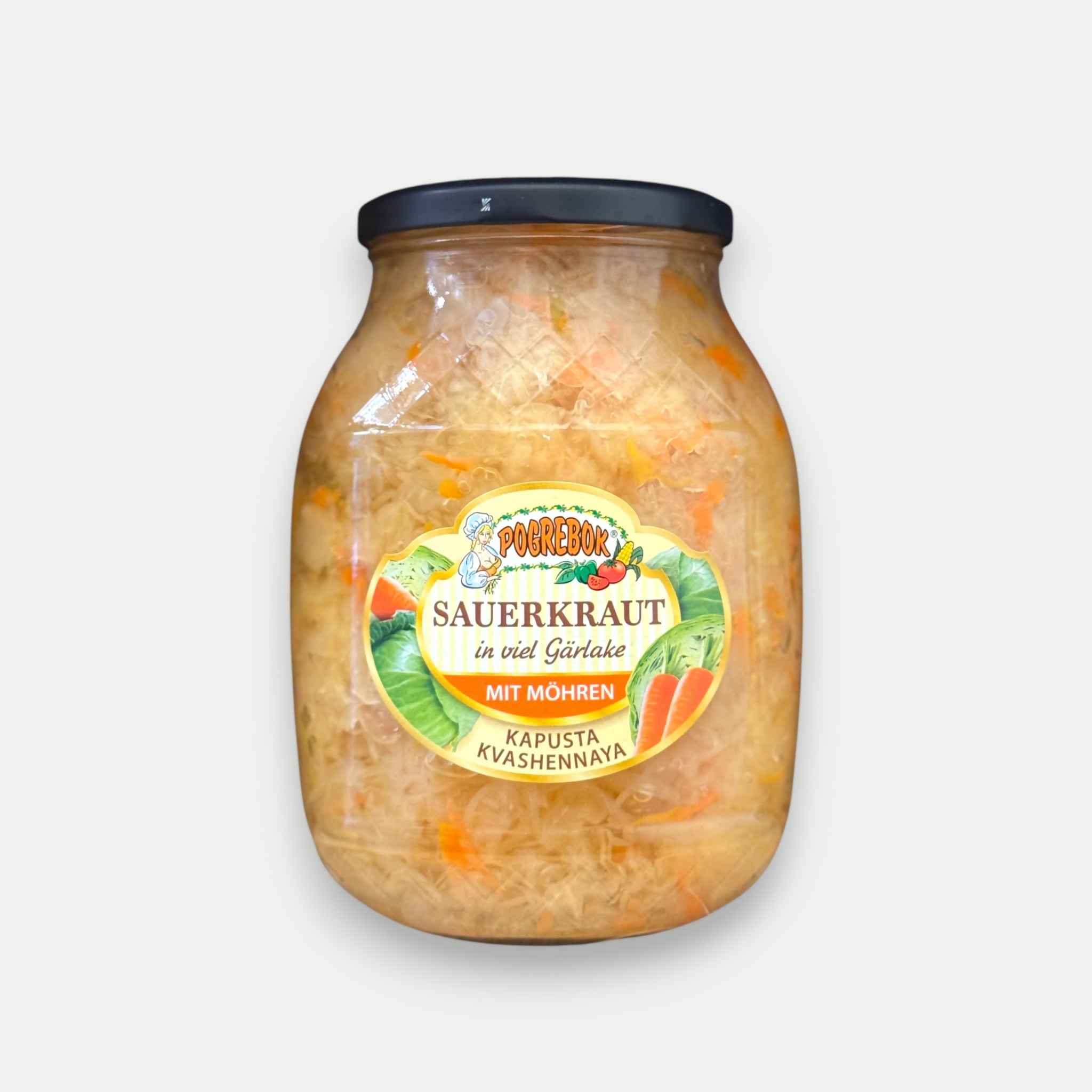 Chou fermenté aux carottes Pogrebok, recette traditionnelle croquante et juteuse au goût délicatement acidulé, idéal pour salades et accompagnements, bocal 860 g, livraison rapide à Paris sur Pomo.bio