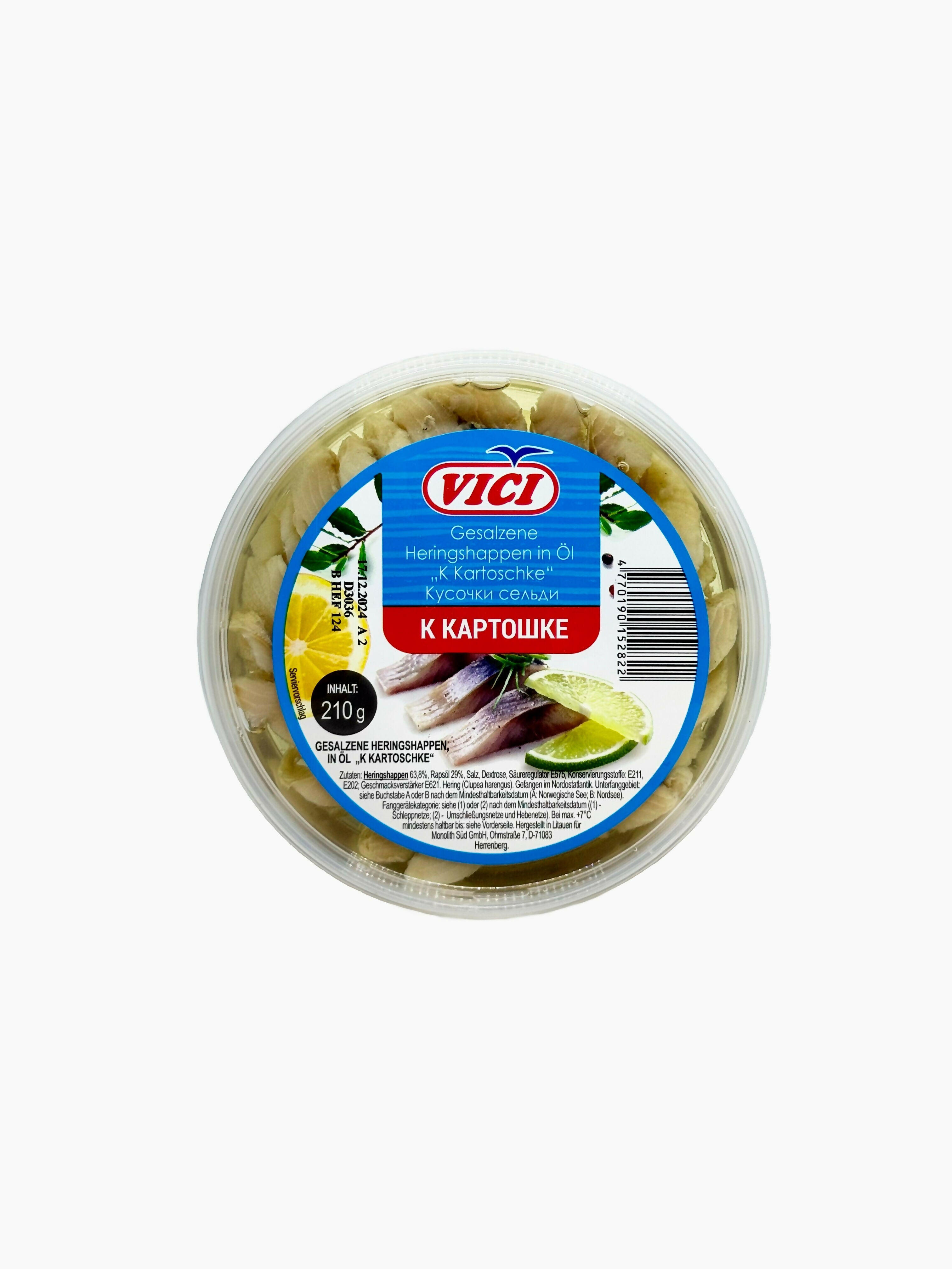 Filets de hareng en morceaux salés à l'huile VICI 210 g — vue de face de l'emballage