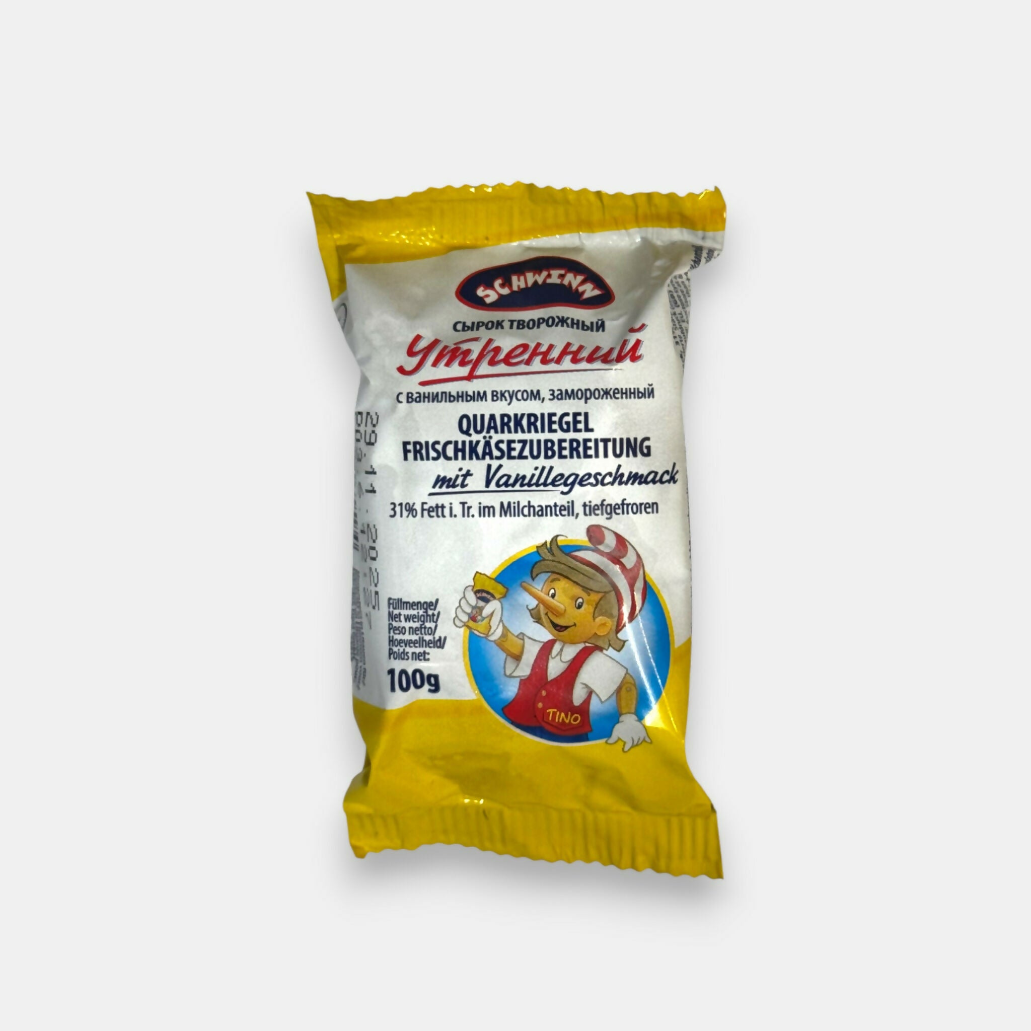 Barre au fromage frais Utrennij à la vanille surgelée Schwinn 100g, vue de face de l'emballage