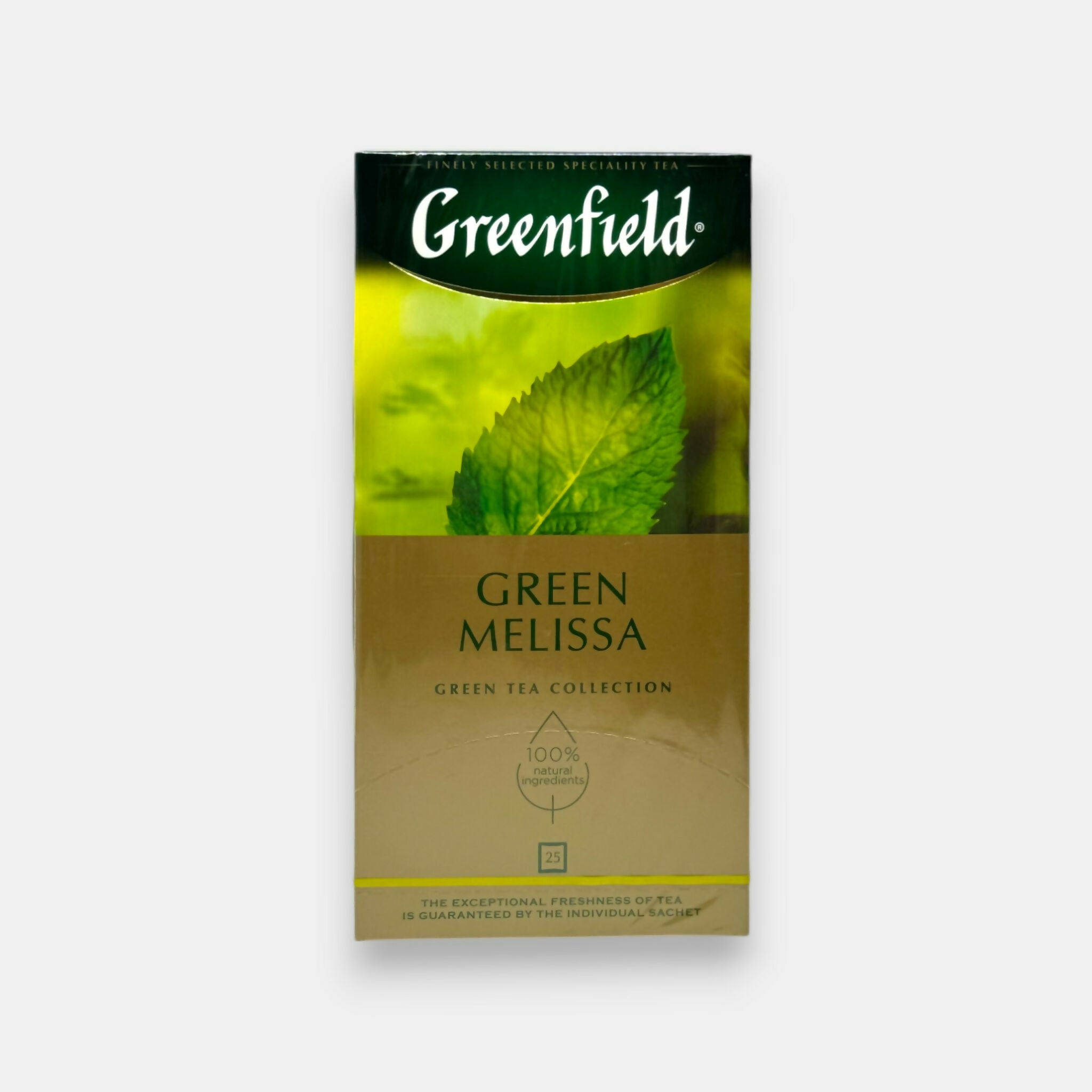 Boîte de thé vert à la mélisse et au citron Green Melissa, marque Greenfield, 25 sachets, épicerie d'Europe de l'Est