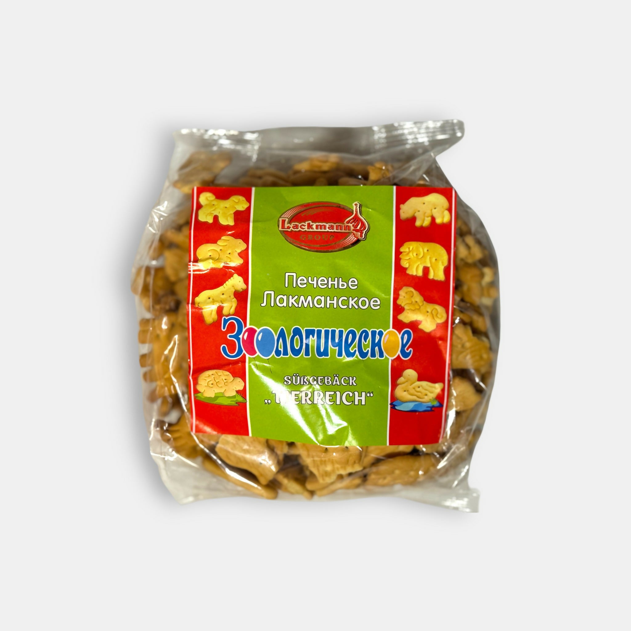 Vue de face d’un sachet de biscuits zoologiques « Lakman », 300 g, petits biscuits croquants en forme d’animaux, épicerie slave Pomo.bio, livraison rapide à Paris.