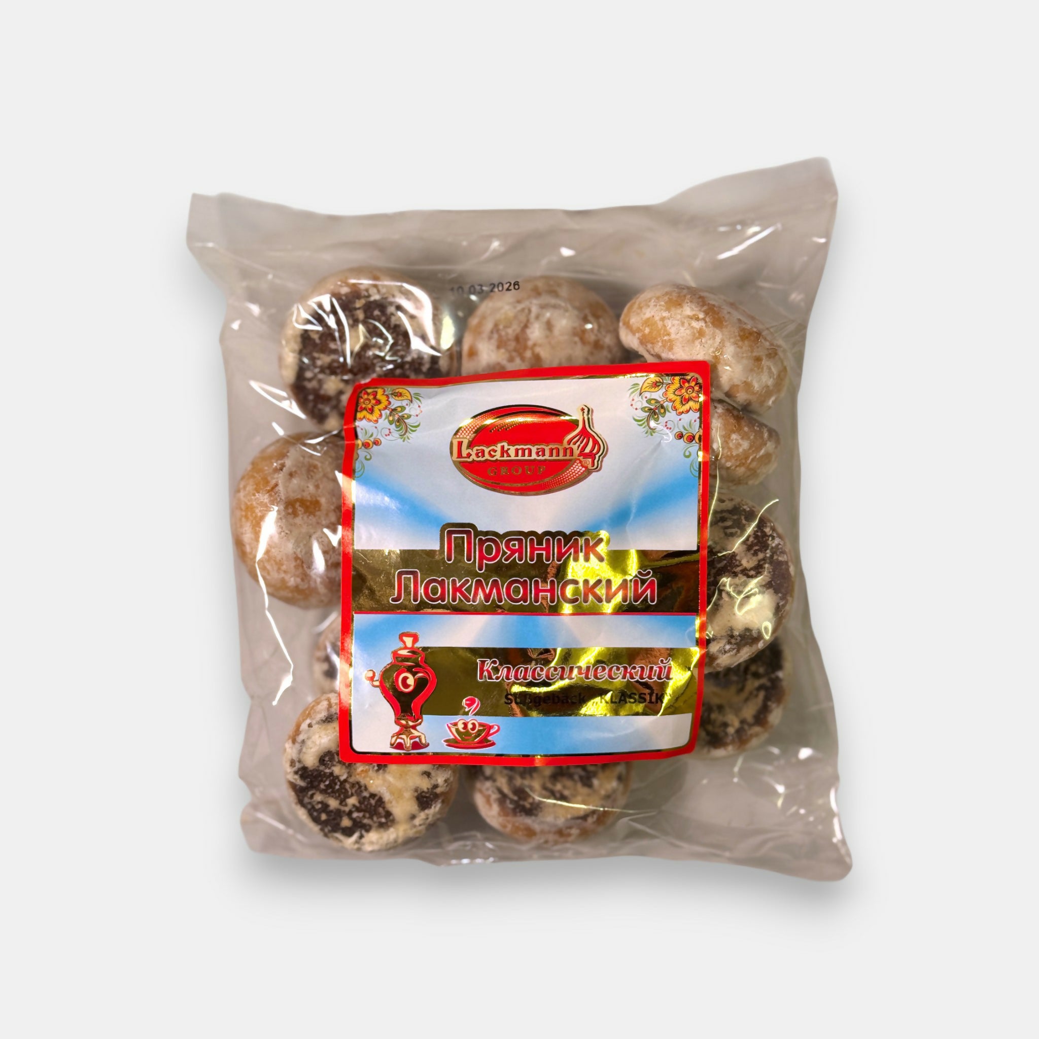 Sachet de pryaniki “Lakmannski” classique Lackmann, pains d’épices légèrement épicés en emballage transparent, disponible chez Pomo.bio, épicerie slave à Paris.