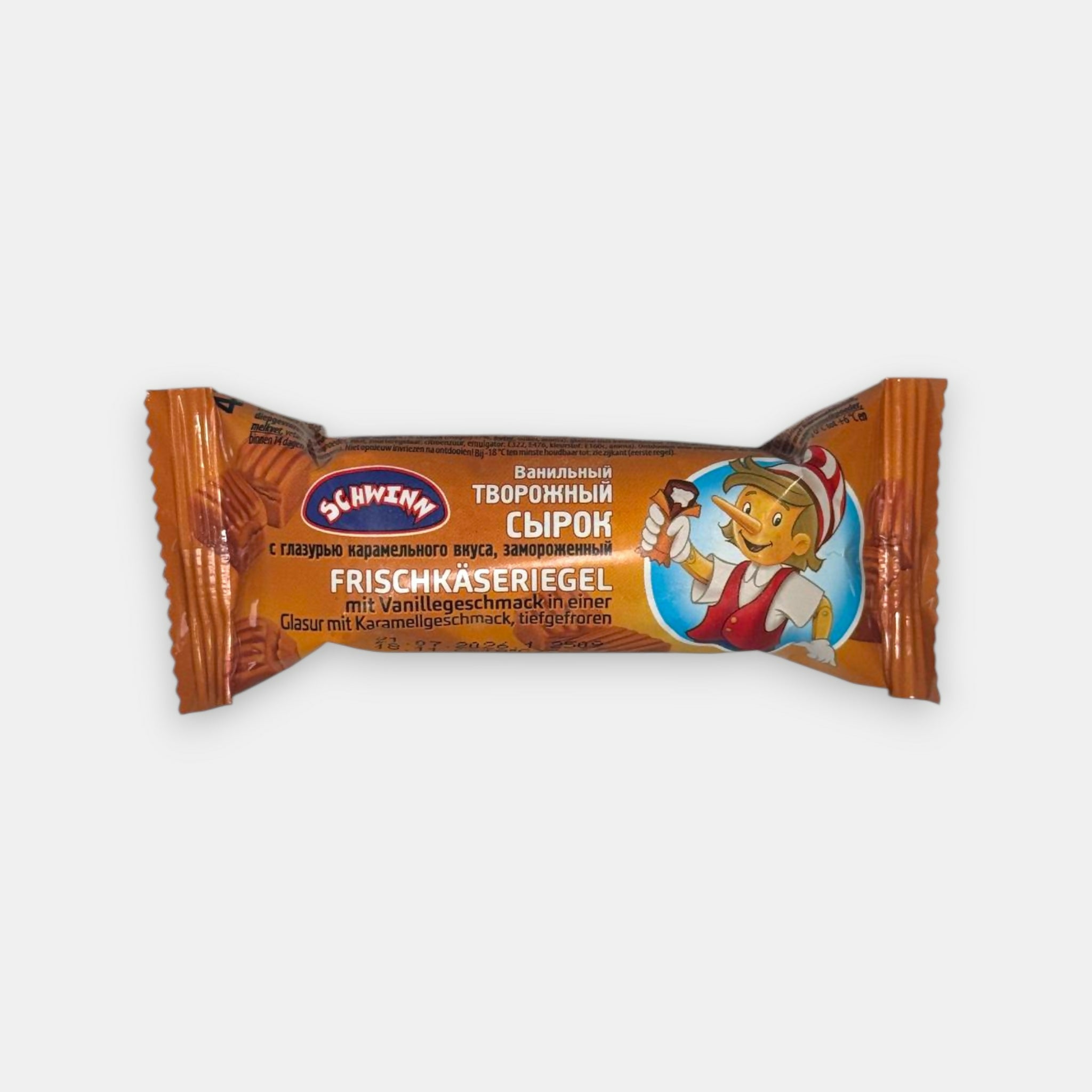 Barre glacée au fromage frais avec glaçage caramel Schwinn, emballage vu de face, dessert surgelé à la texture crémeuse, spécialité d’Europe de l’Est, Pomo.bio à Paris, livraison rapide à Paris