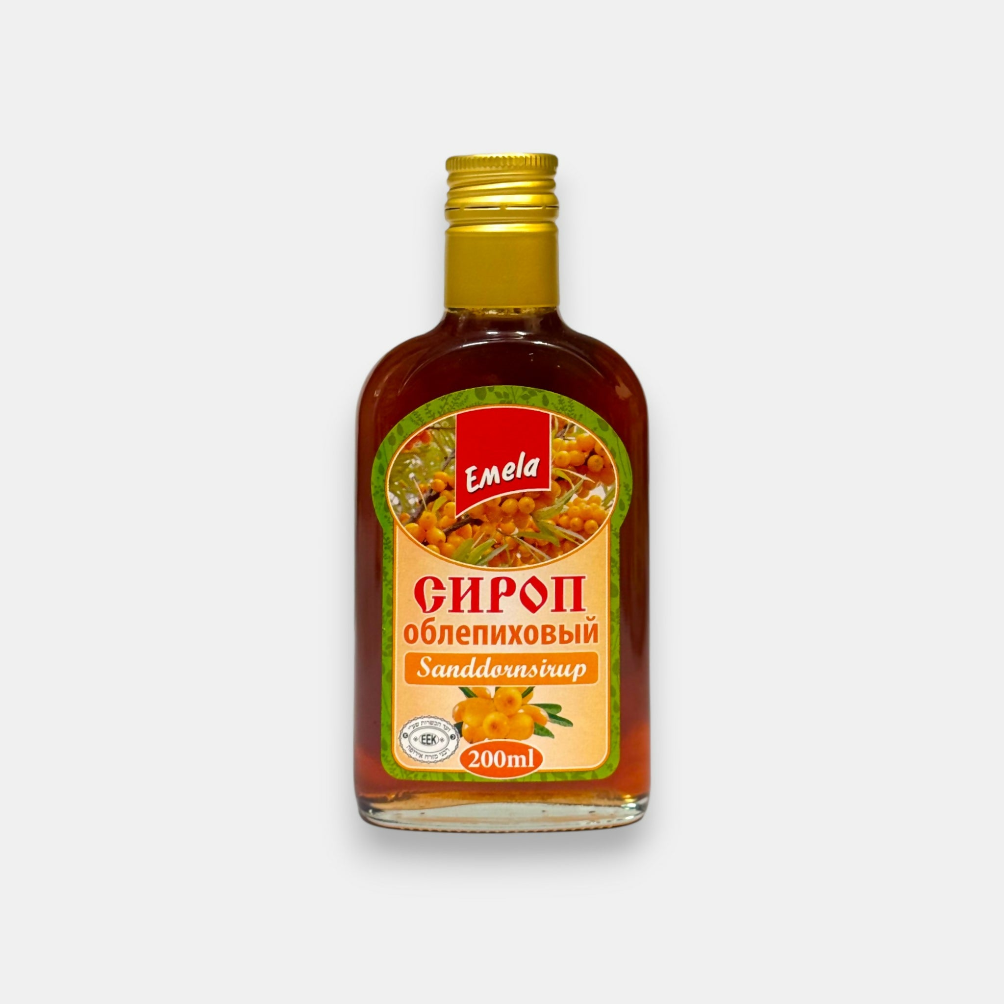 Bouteille de sirop d’argousier Emela, 200 ml — boisson naturelle riche en vitamine C. Pomo.bio, épicerie slave à Paris, livraison rapide.