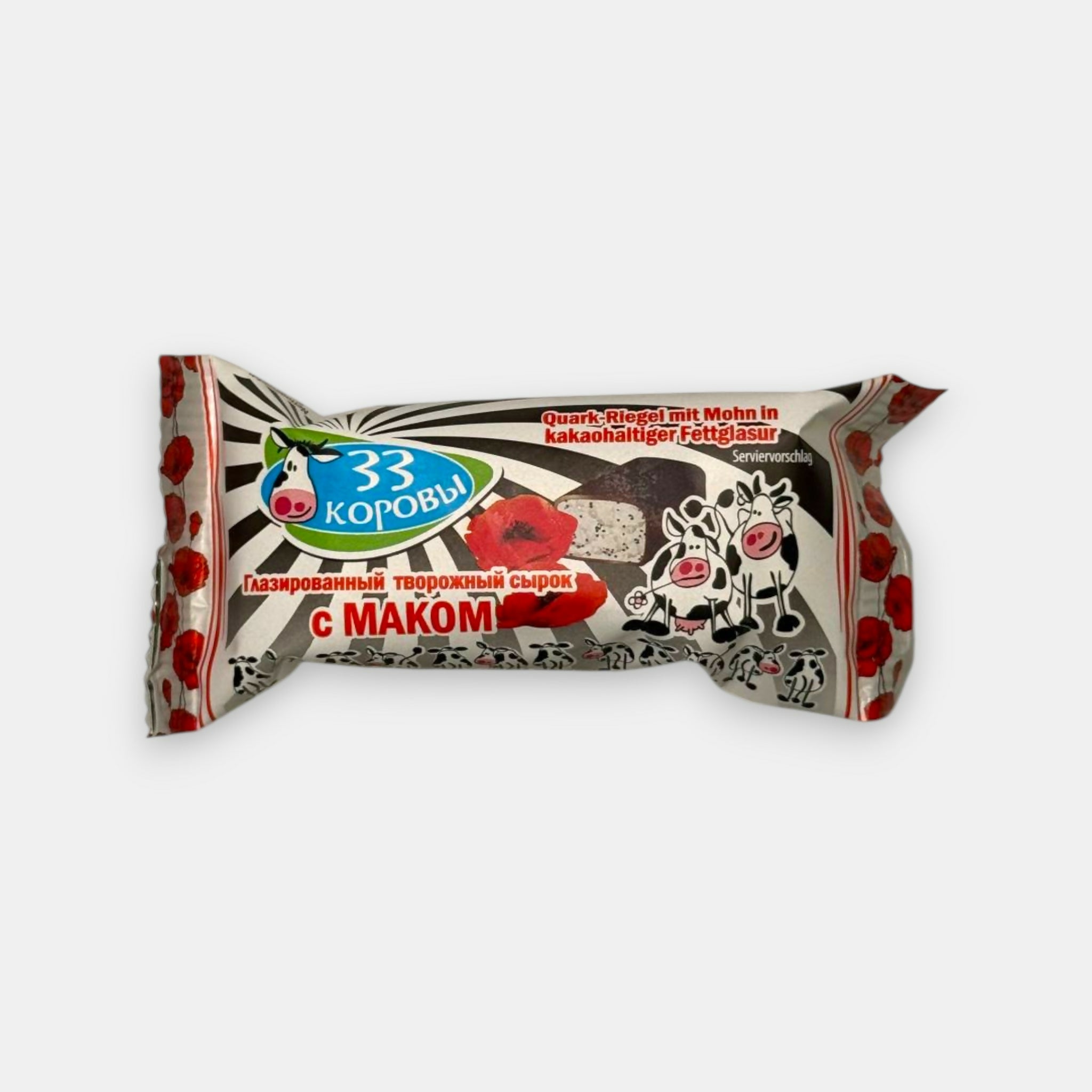 Barre glacée au fromage frais au pavot Tri Korovy, emballage vu de face, dessert surgelé avec graines de pavot, spécialité d’Europe de l’Est, Pomo.bio à Paris, livraison rapide à Paris