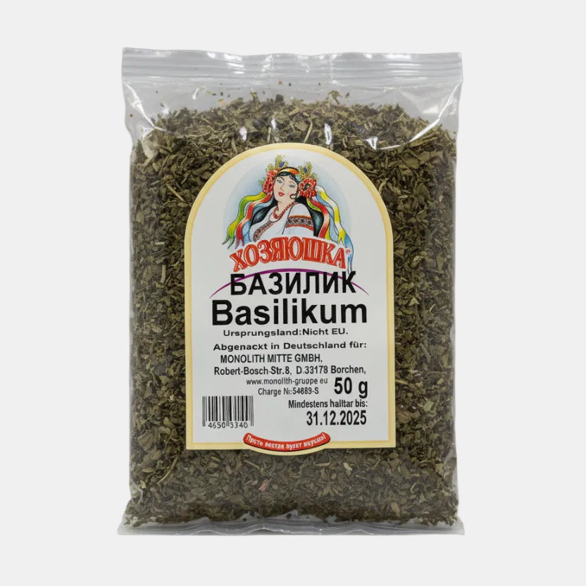 Basilic séché «Khozyaushka» 50 g en sachet, épice aromatique d'Europe de l'Est