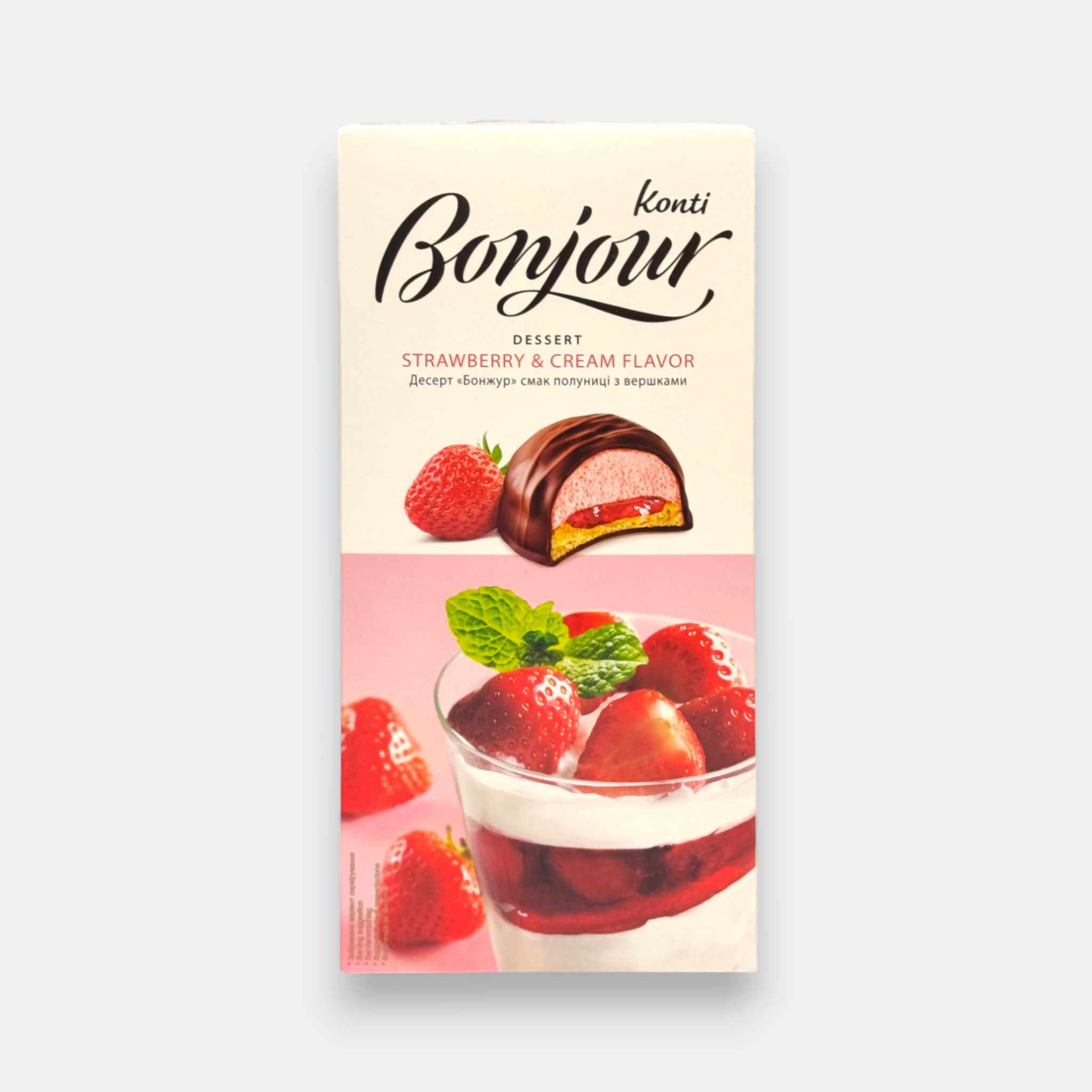 Dessert Bonjour Konti goût fraise-crème 232 g, confiserie légère et gourmande – épicerie slave à Paris Pomo.bio, livraison rapide