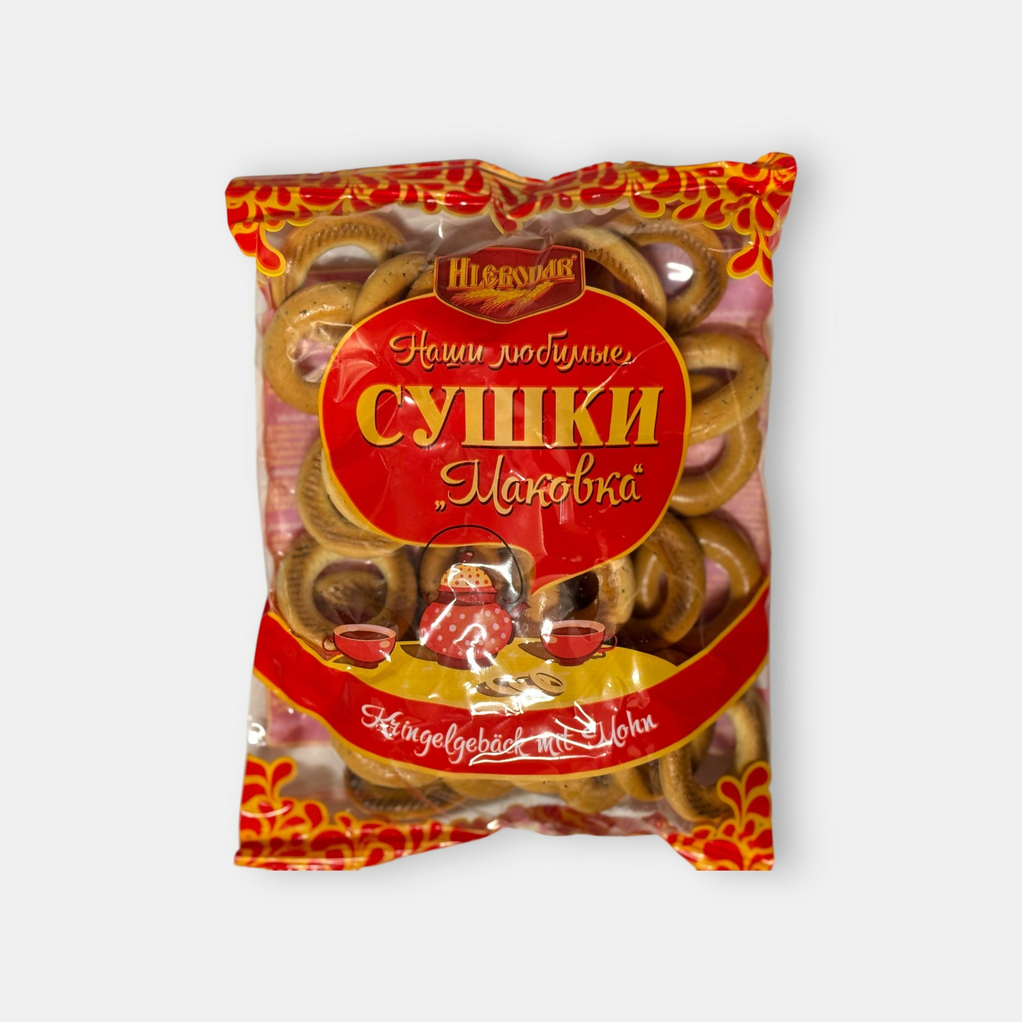 Vue de face d’un sachet de sushki classiques au pavot « Makovka », 220 g, biscuits légèrement sucrés, spécialité d’épicerie slave Pomo.bio avec livraison rapide à Paris.