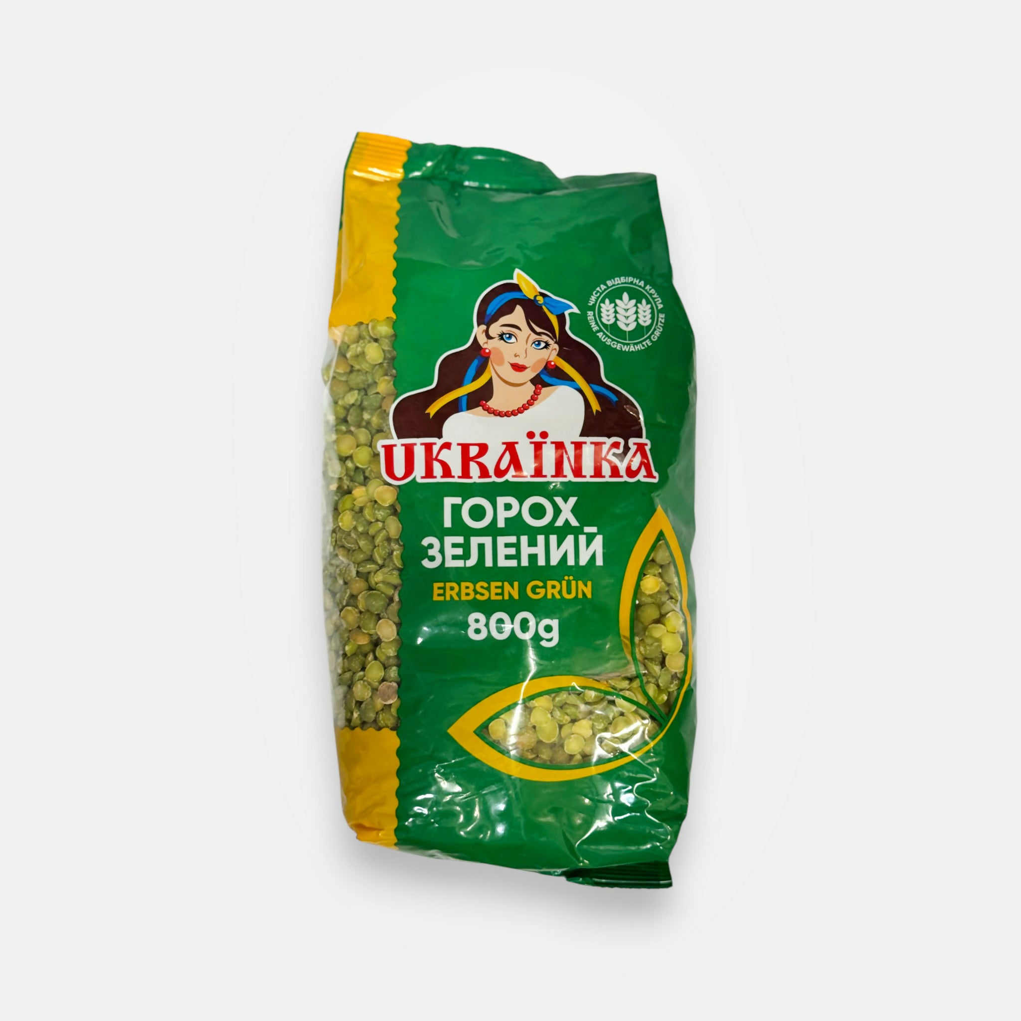 Pois verts Ukrainka 800 g dans un emballage – produit d’Europe de l’Est vendu à Paris