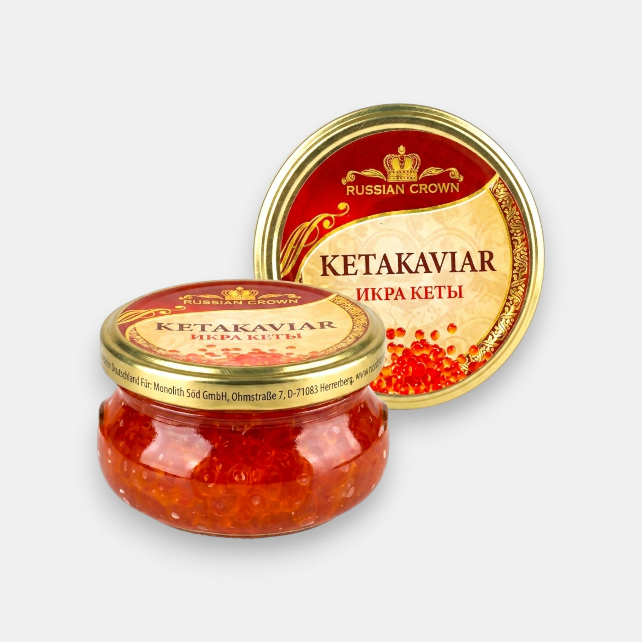 Caviar de kéta Russian Crown 100 g – bocal vue de face, grains orangés brillants
