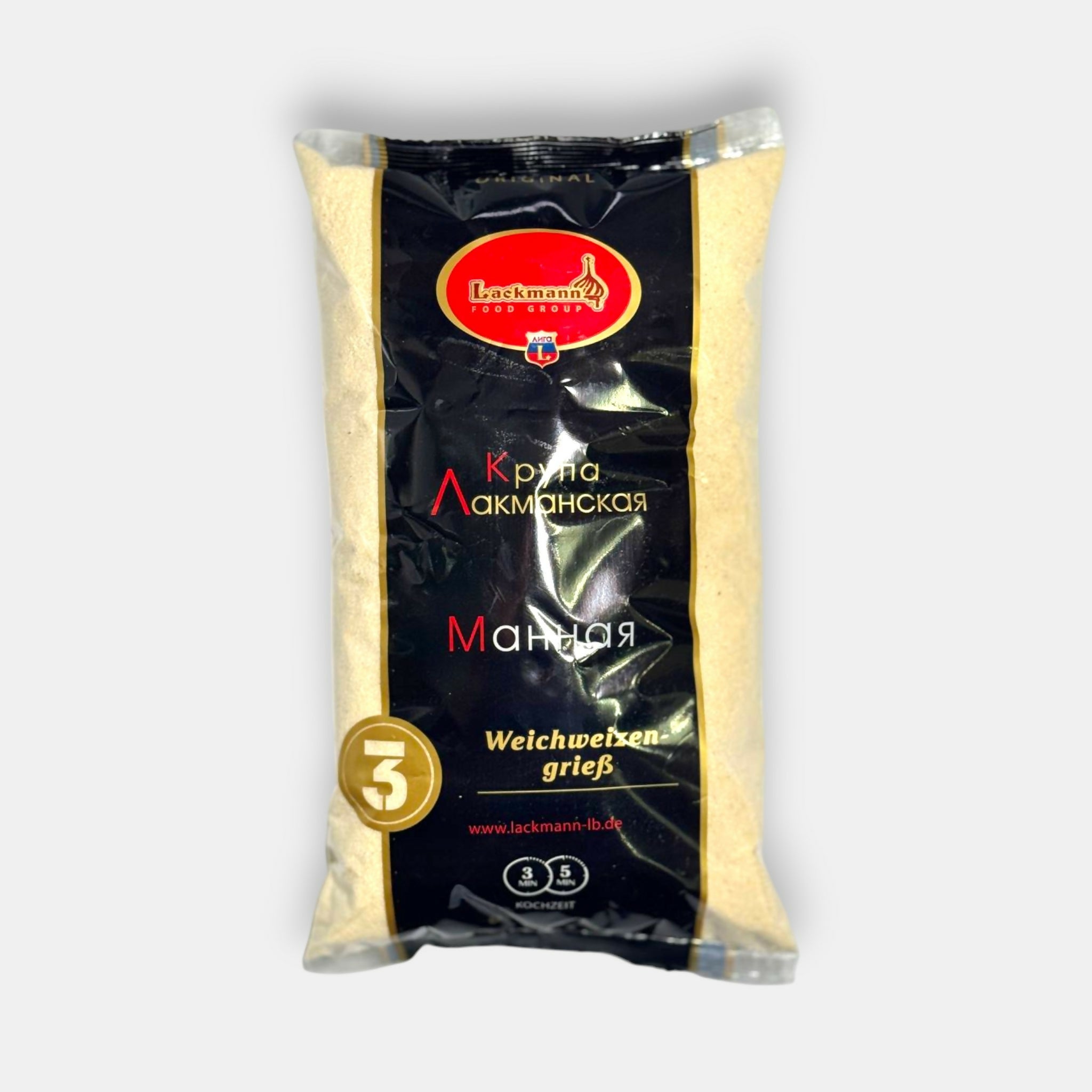 Semoule fine Lackmann en sachet, emballage vu de face, ingrédient pour bouillies, desserts et pâtisserie, épicerie slave Pomo.bio à Paris, livraison rapide à Paris