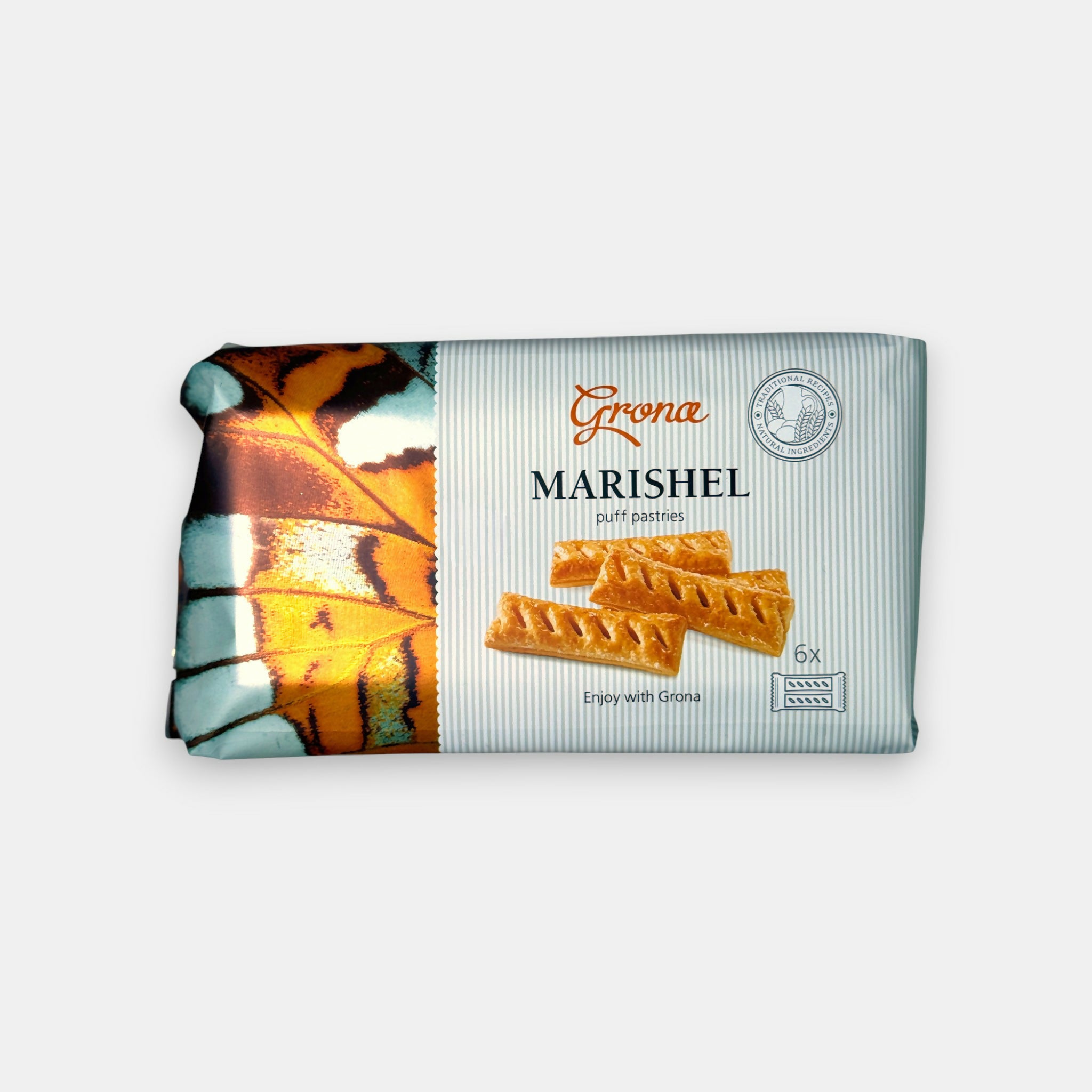 Paquet de feuilletés nature Grona Marshel, pâtisseries légères en emballage blanc, vendues chez Pomo.bio à Paris.