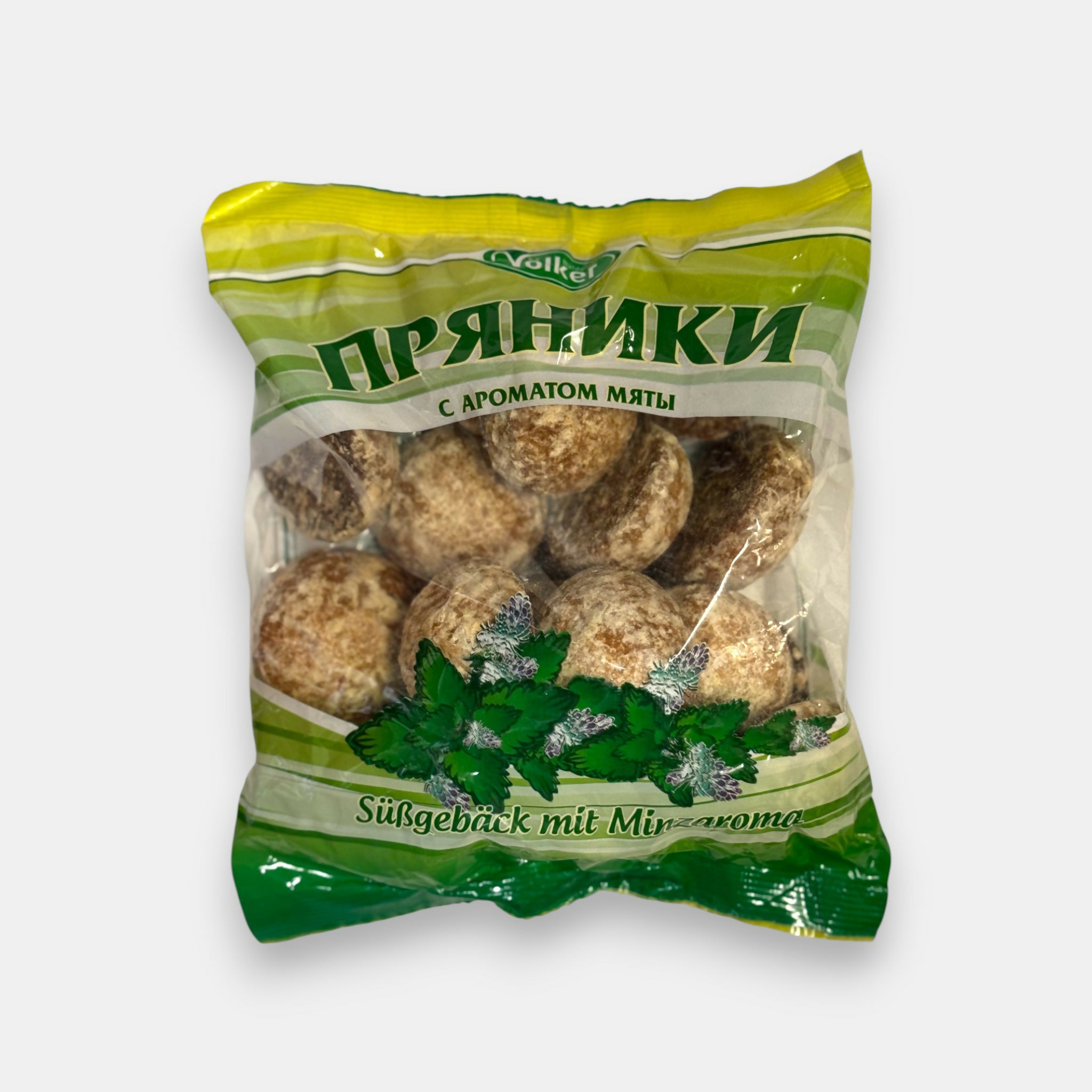 Vue de face d’un paquet de pains d’épices russes parfum menthe – Volker. Biscuit traditionnel disponible sur Pomo.bio, épicerie slave avec livraison à Paris.